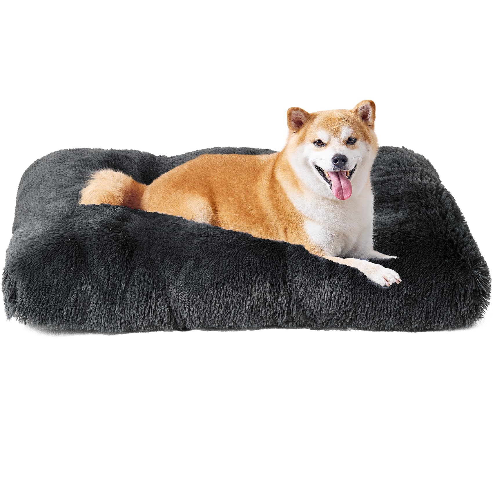 Eheyciga Fluffy Dog Crate Bed For Large Dogs, Plush Faux Fur Dog Crate Pad, Calming Anti Anxiety Large Dog Bed For Crate, Washable Soft Warm Dog Crate Mat With Non-Slip Bottom, Dark Grey