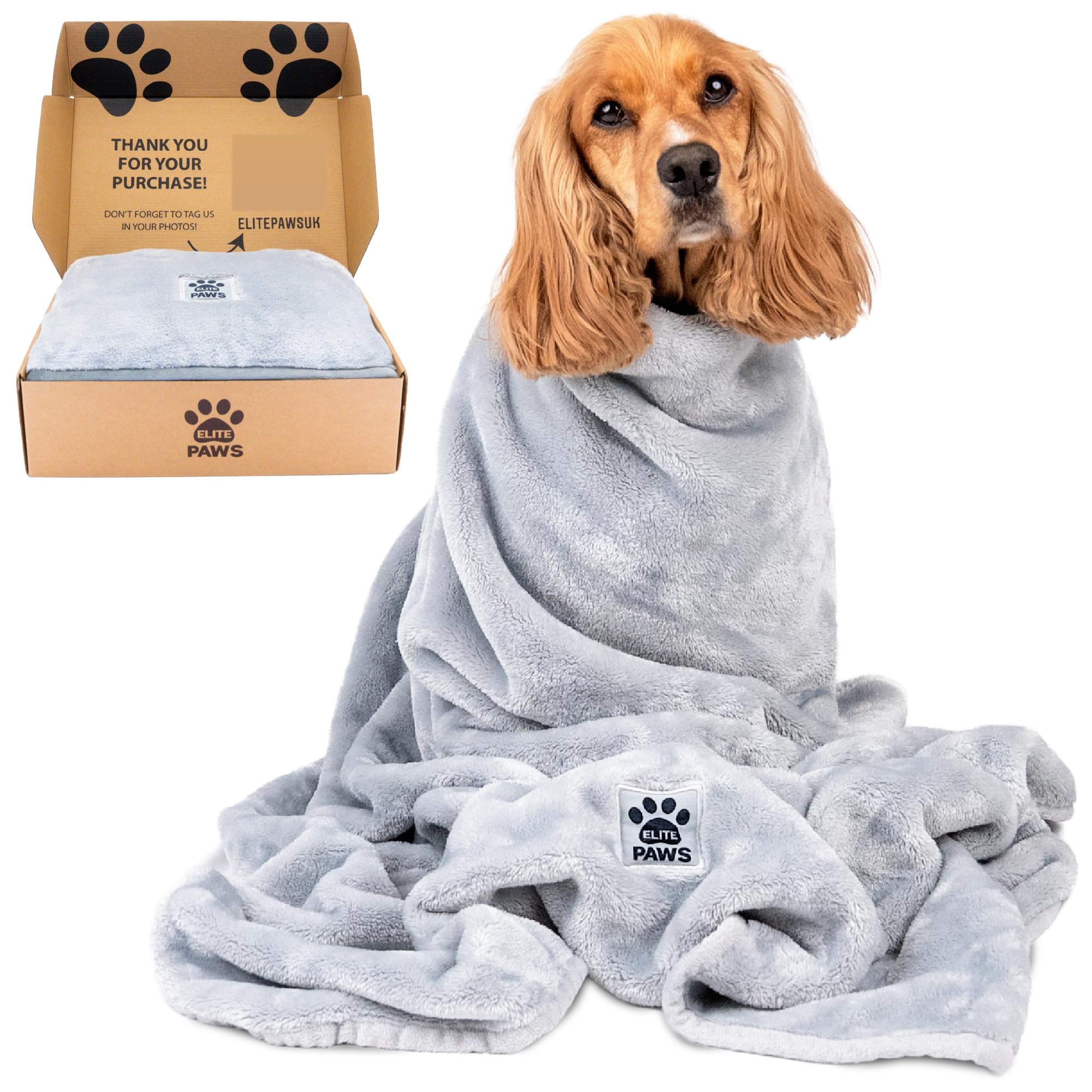Elite Paws UK Luxury Large Dog Blanket  Beautifully Soft Grey Plush Fleece, 130x100 cm, Thick & Machine Washable, Perfect for G