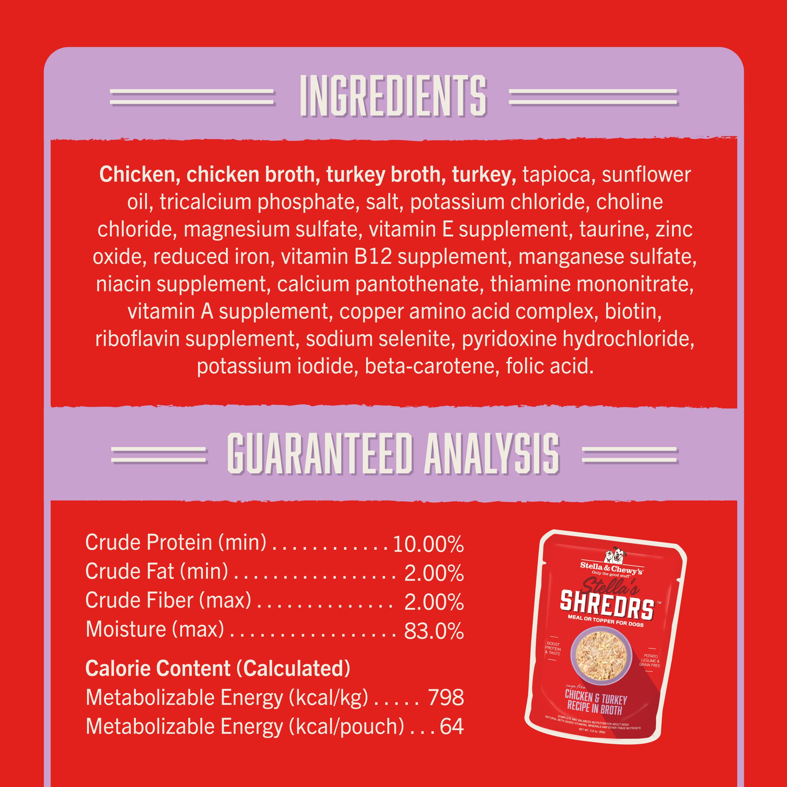 Stella & Chewys Stellas Shredrs Cage Free Chicken & Turkey Recipe in Broth, 2.8 oz. Pouches (Pack of 24)