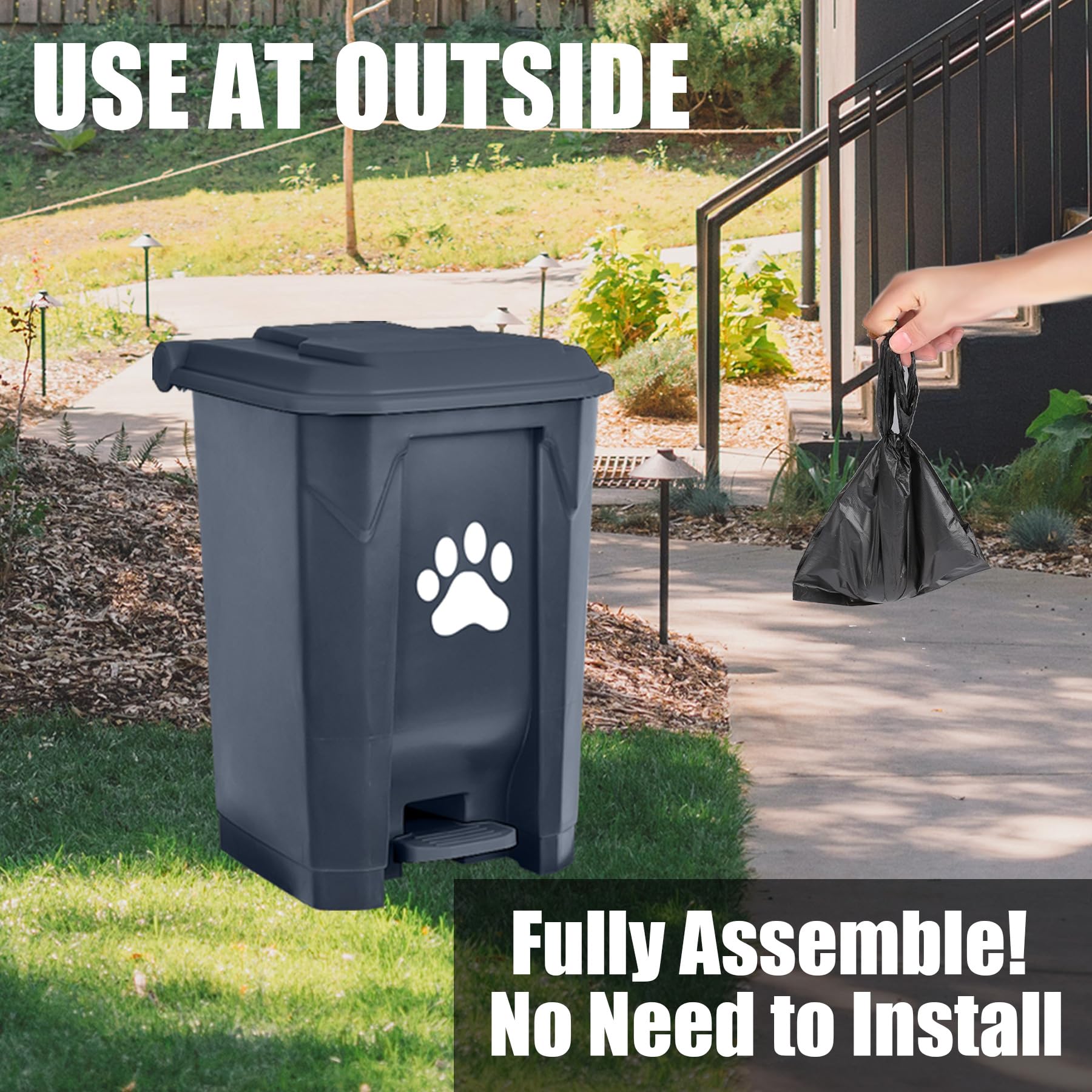 tebiete Dog Poop Trash Can - Grey Plastic Waste Station with Lid, Hands-Free Pedal, 1Pack