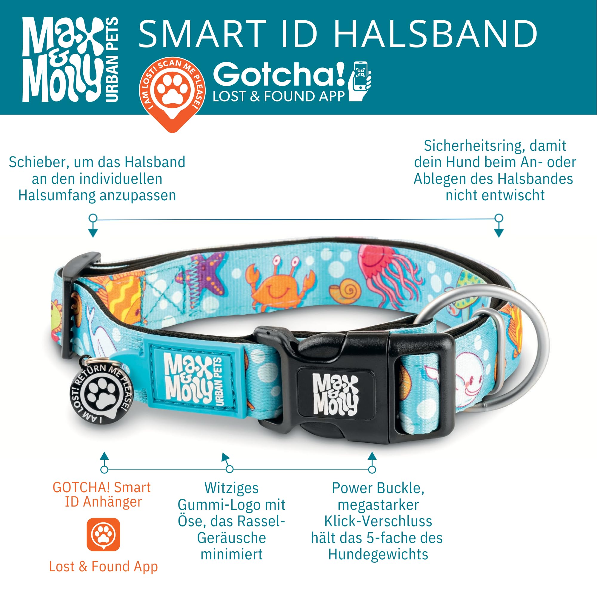 Max & Molly Smart ID Dog Collar with Gotcha! QR Safety Tag and Custom Pet Profile, Soft Padded Neoprene, Waterproof, Tropical, L