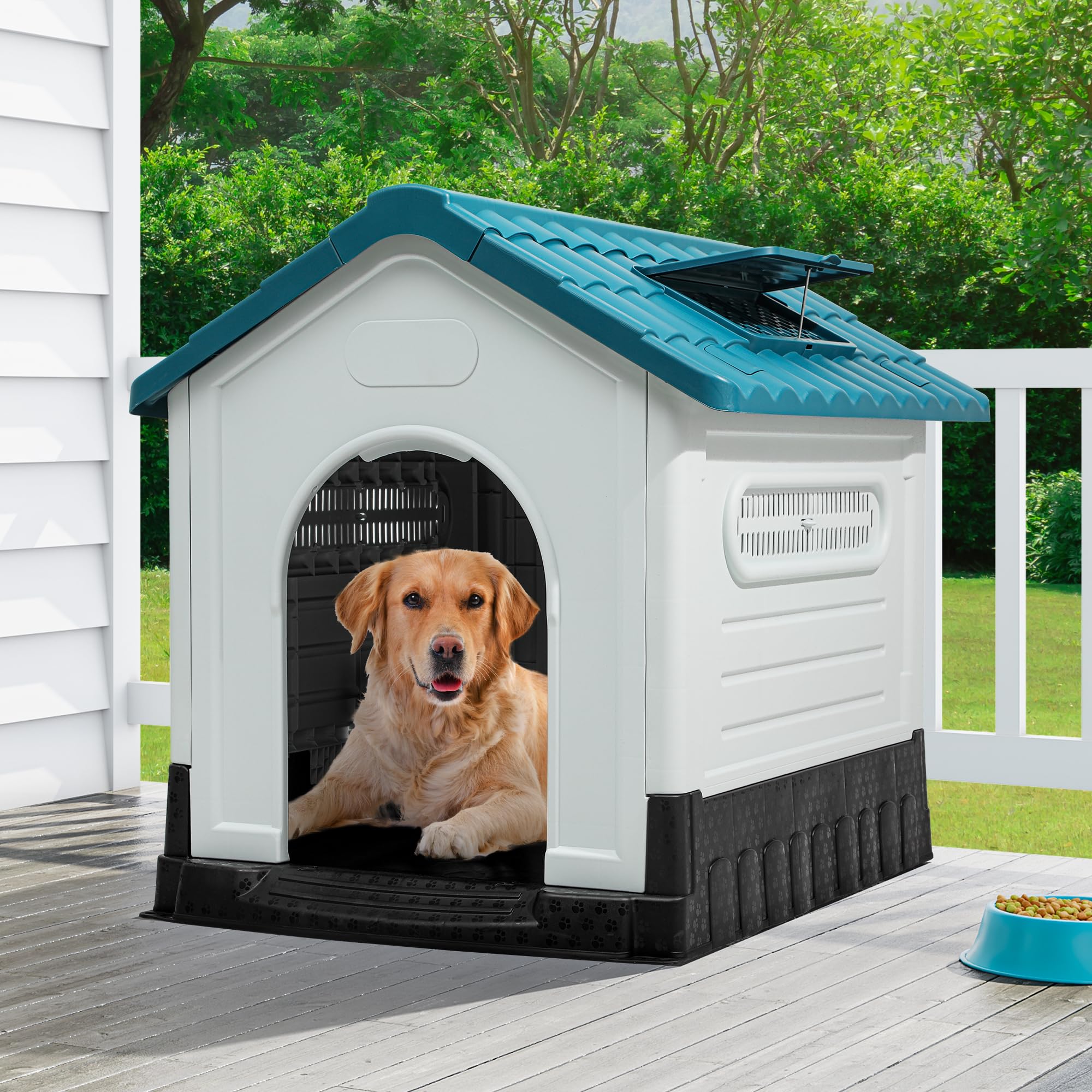 Yitahome 41.3'' Folding Large Dog House Outdoor Plastic Doghouse With Adjustable Skylight And Elevated Base Water Resistant Pet