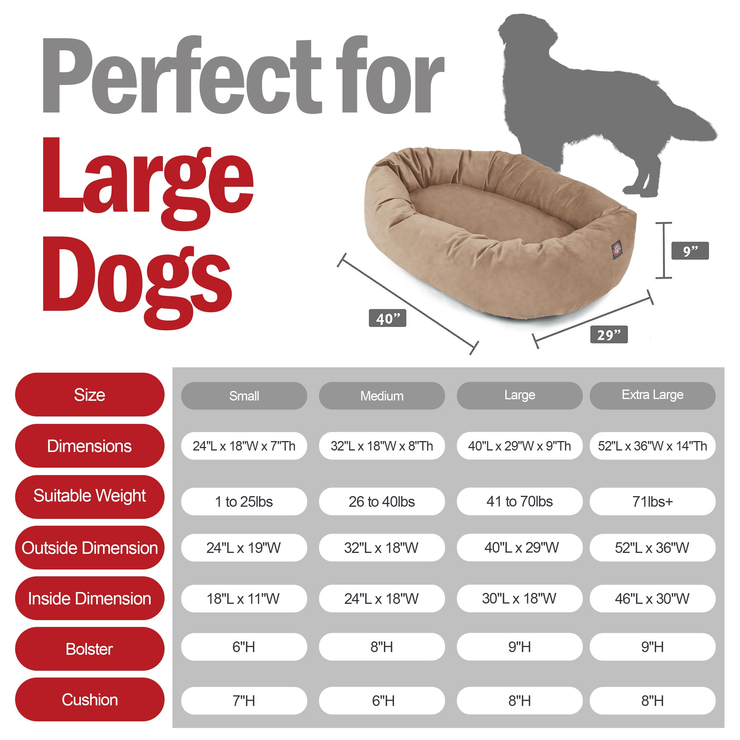 Majestic Pet 40 Inch Suede Shredded Memory Foam Mix Calming Large Dog Bed Washable 40 x 29 x 9 (Inch) - Cozy Soft Round Donut Do