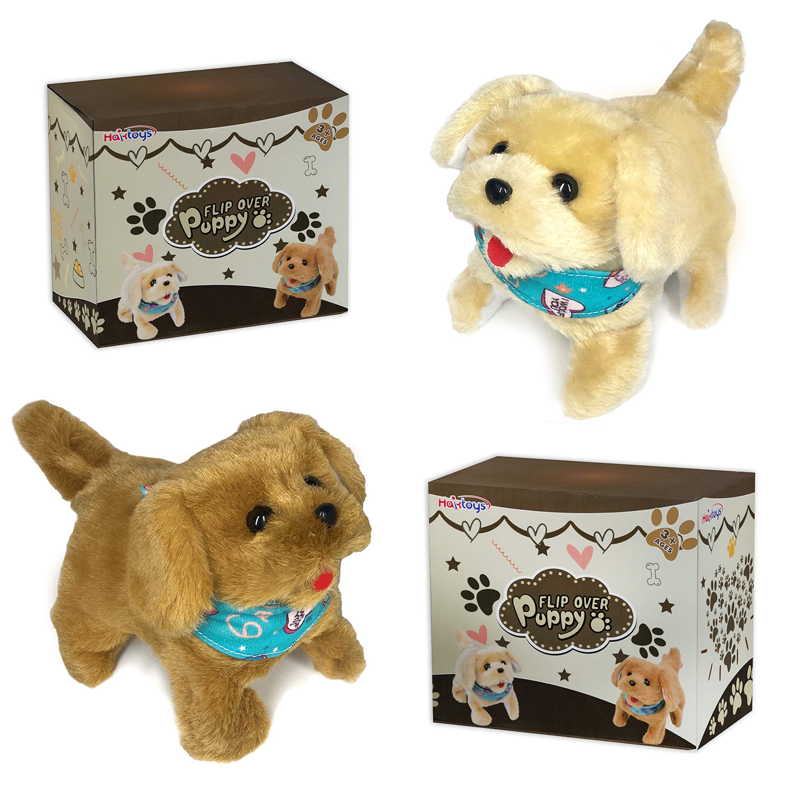 Haktoys Flip Over Puppy Battery Operated Plush Dogs That Somersault Walk Sit And Bark - 2 Premium Quality Toy Puppies For Animal