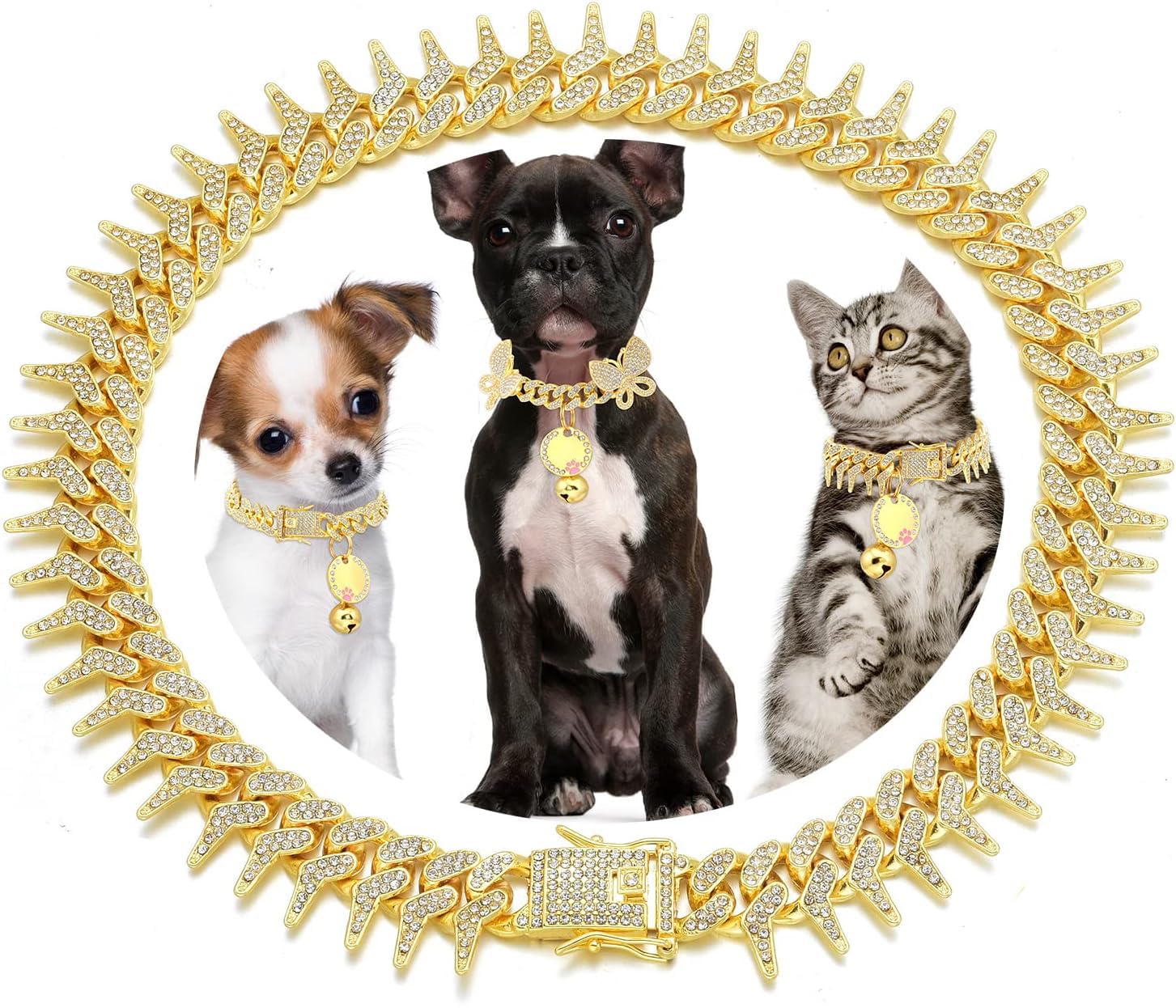 Gold Dog Chain Collar, Cool Spiked Style Necklace Bling Diamond Cuban Link Dog Collars Glitter Rhinestone Puppy Collar For Xxs X