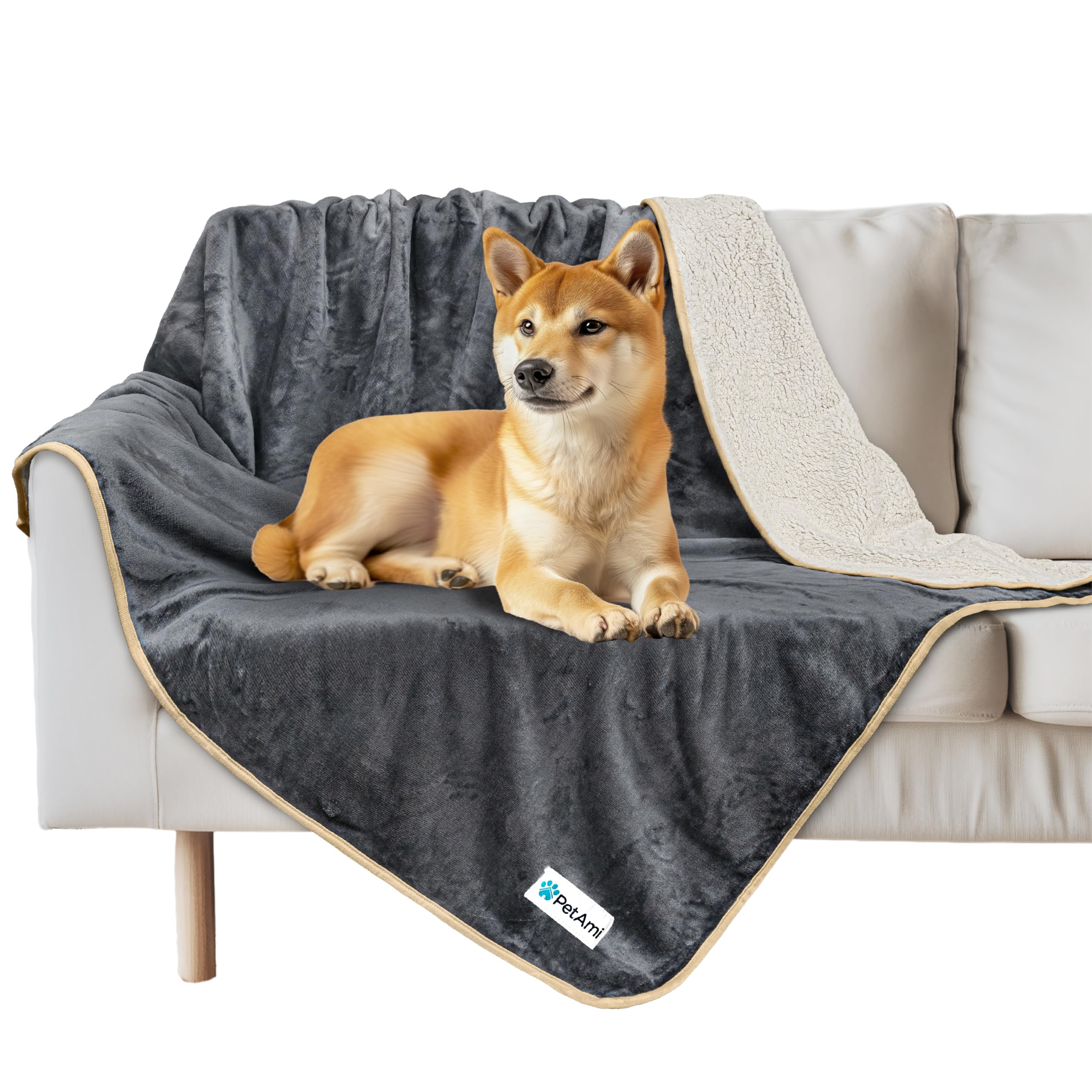 Petami Waterproof Dog Blanket For Medium Large Dogs, Pee Proof Pet Blanket For Bed Couch, Reversible Water Proof Blanket For Puppy Indoor Cat, Soft Dog Pee Crate Cover Washable, 60X80 Gray/Beige