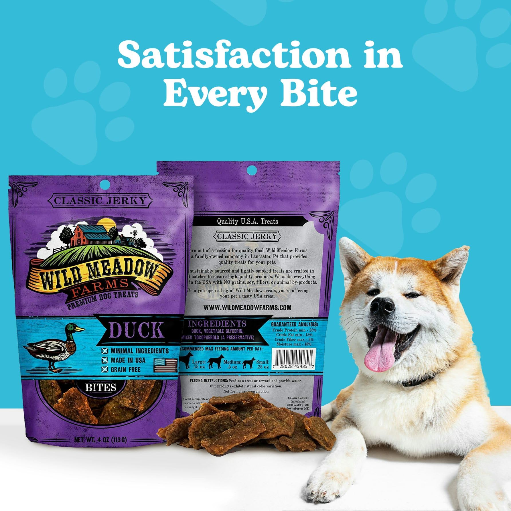 Wild Meadow Farms - Classic Duck Bites, Soft Jerky Treats for Dogs, Grain-Free & All-Natural, Ideal for Training, Portioning, an