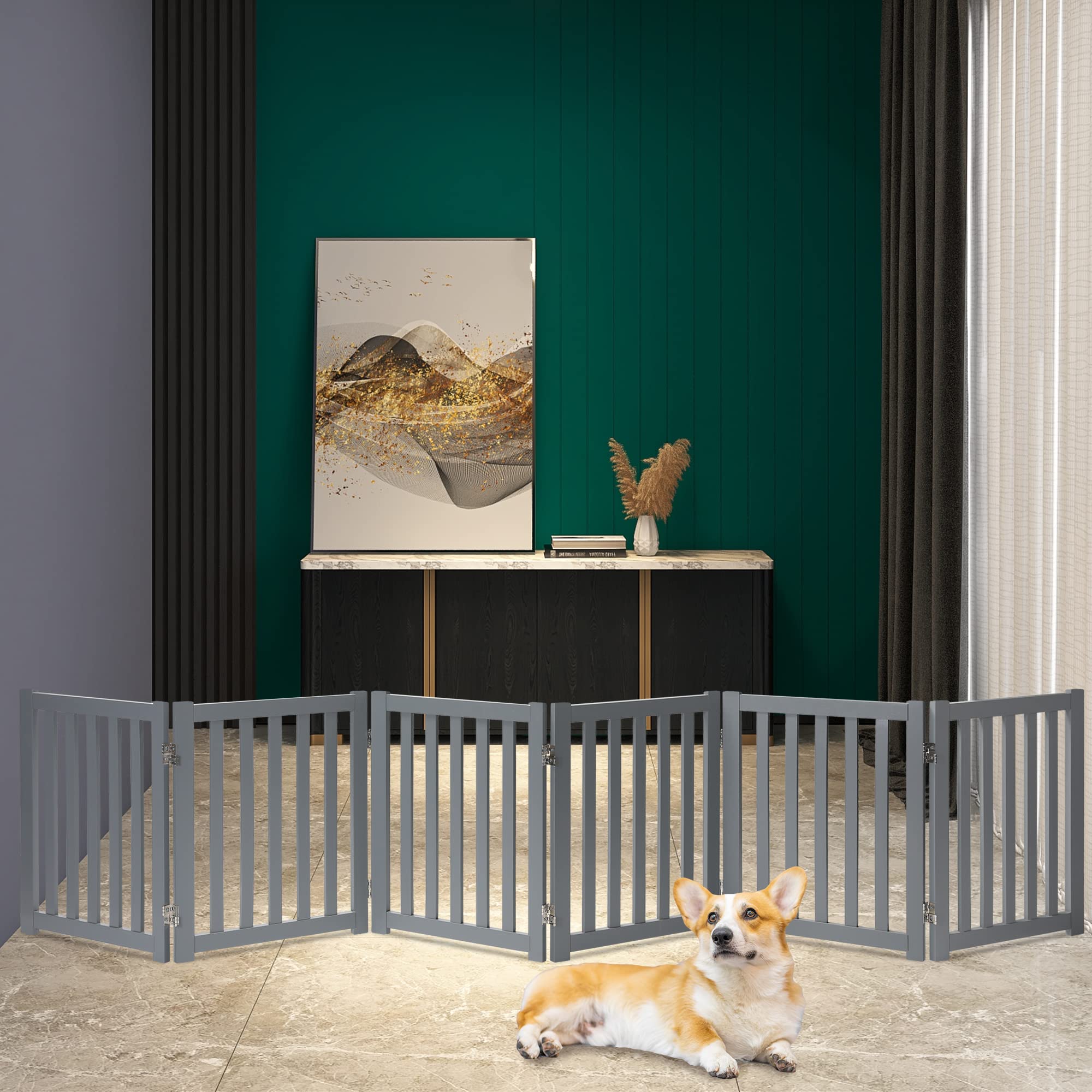 Lzrs 6-Panel Extra-Wide Freestanding Wooden Dog Gate ?24?igh Foldable Safety Pet Barrier For Doorways, Hallways, Kitchens, And Long Staircases, Durable Design Fit Small To Medium Dogs, Grey