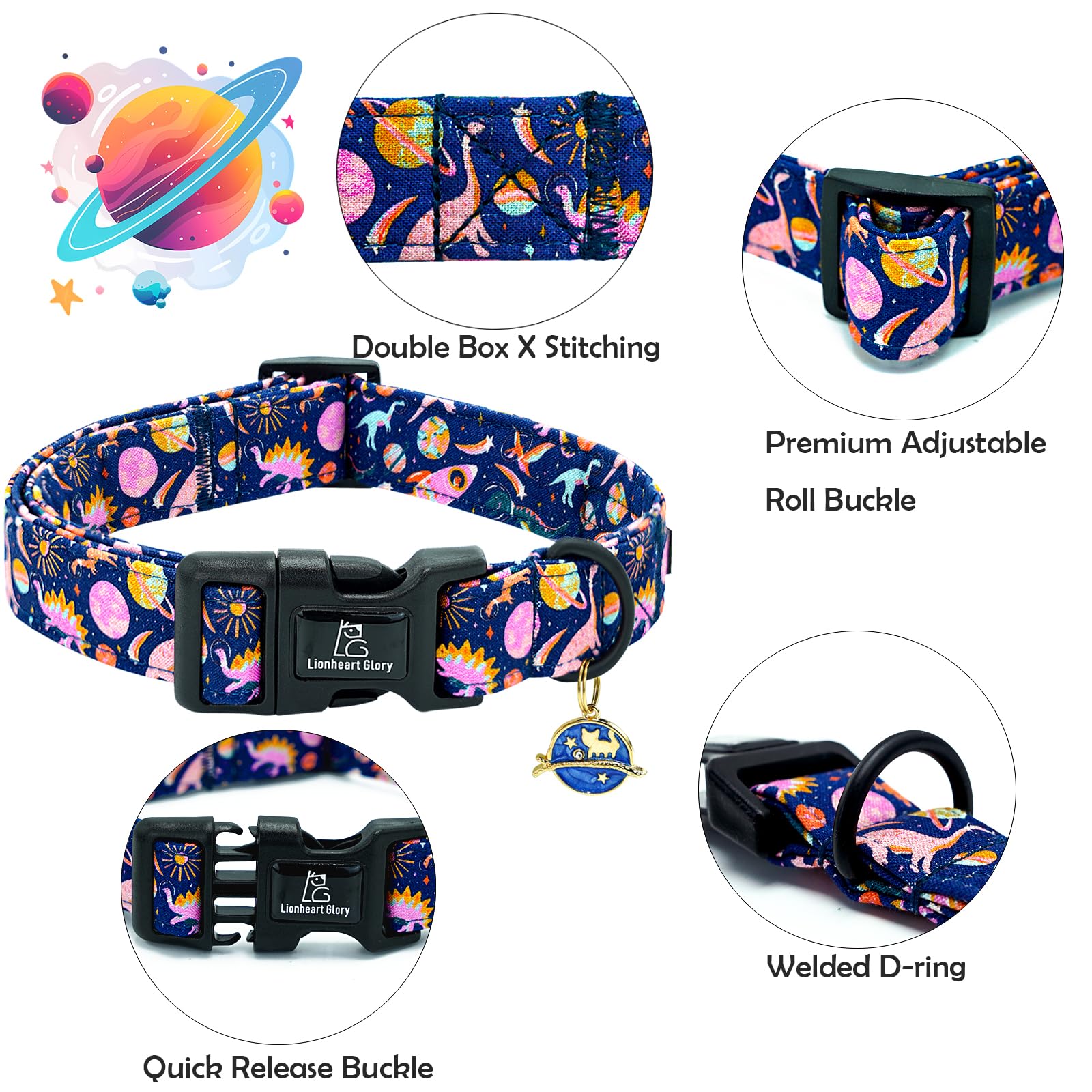 Lionheart Glory Dog Collar Dinosaurs Pattern Cute Collar For X-Small Dogs Spring Summer Female Or Male Collars Pet Gift Adjustab