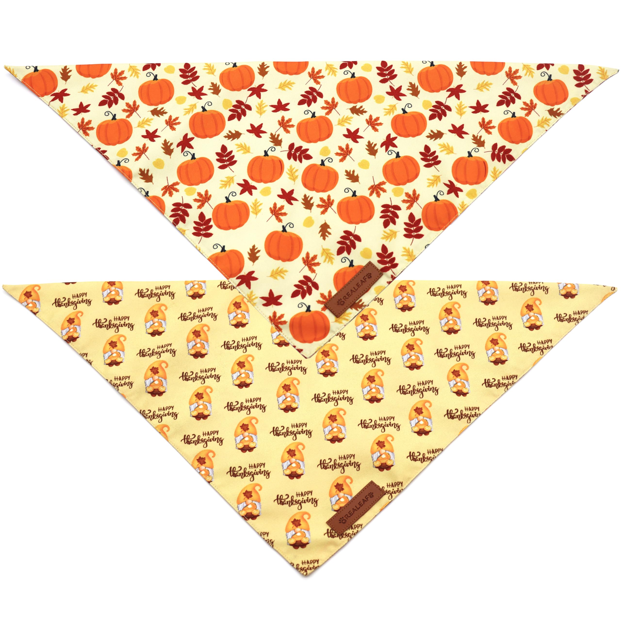 Realeaf Thanksgiving Dog Bandanas 2 Pack, Pumpkins And Happy Thanksgiving Pet Scarf For Boy And Girl, Premium Durable Fabric, Reversible Holiday Bandana For Large And X-Large Dogs Pets (X-Large)