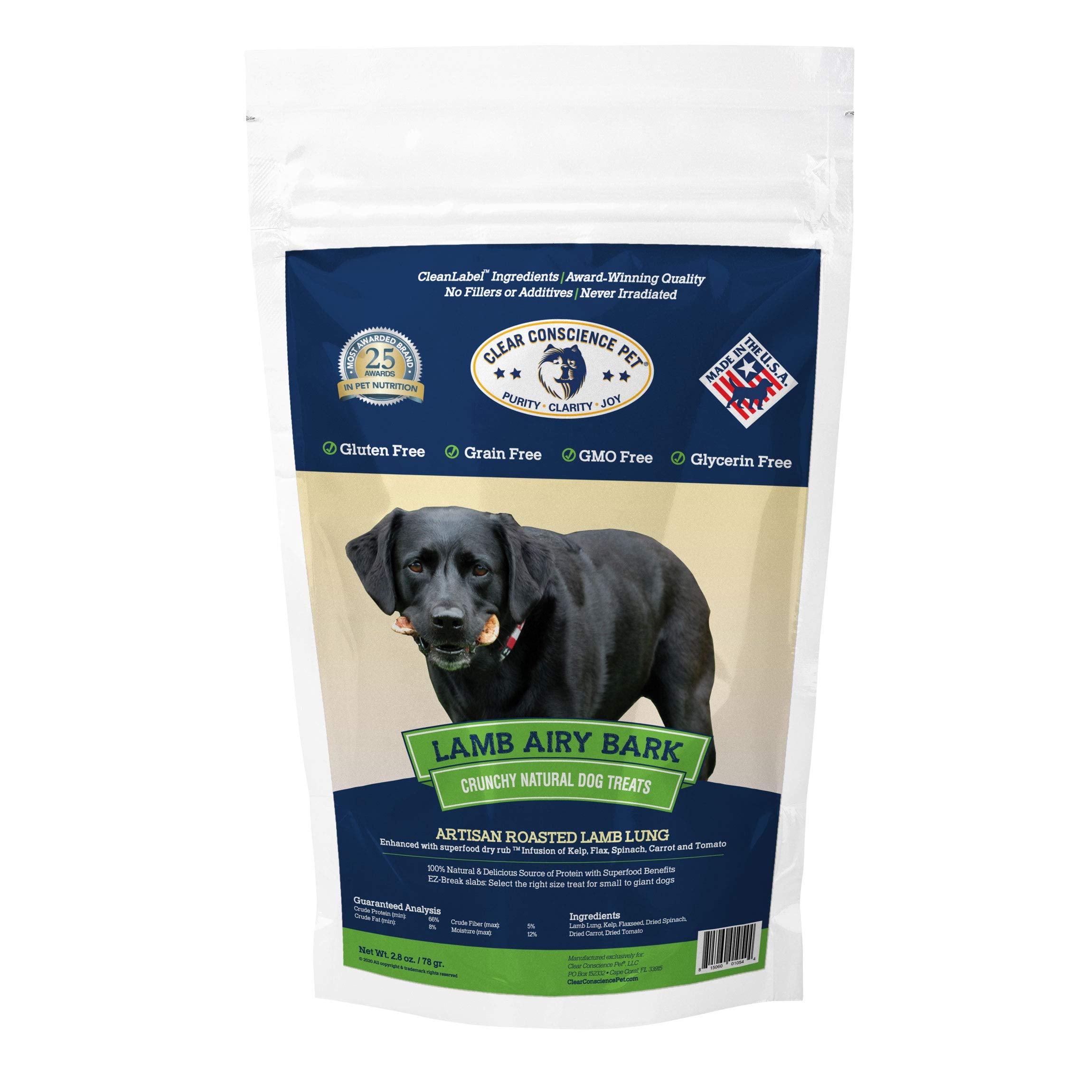 CLEAR CONSCIENCE PET Lamb Airy Bark Light Crunchy Dehydrated Lamb Lung Dog Treats with Kelp Flaxseed Spinach Carrot & Tomato Gra