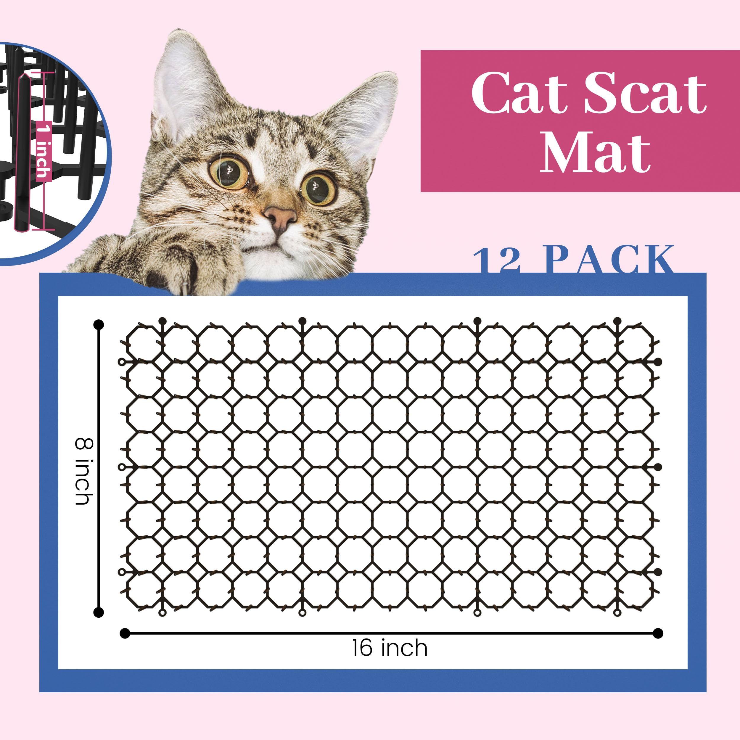 Hmyomina 16 x 8 Inch Scat Mat for Cats, 12 Pack Cat Scat Mat with Spikes - Deterrent Mat for Cats and Dogs - Cat Deterrent Outdo