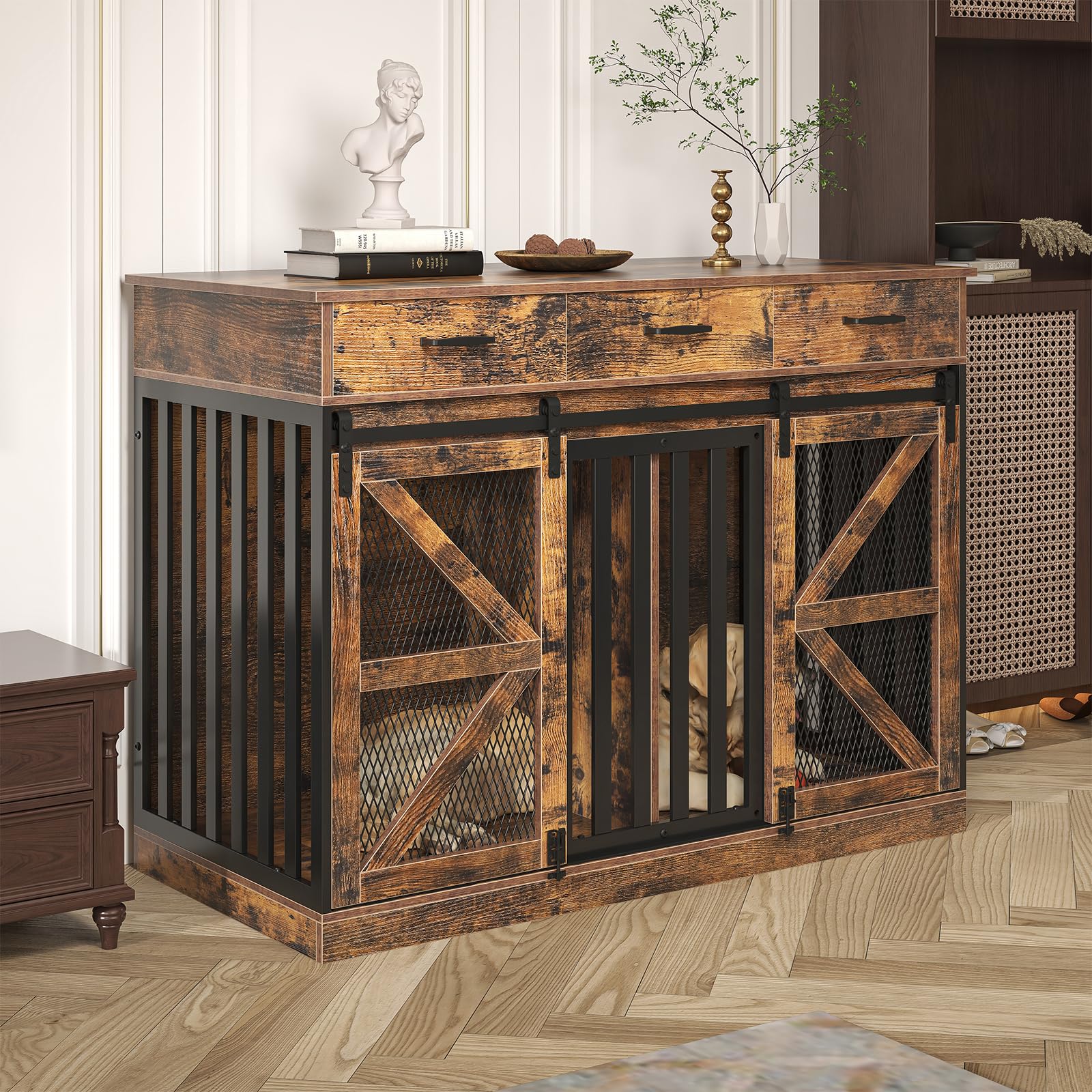 Saudism 2-in-1 Farmhouse Dog Crate Furniture - Wooden Large Dog Kennel with Drawers Storage - Double Doors - Indoor End Table - 