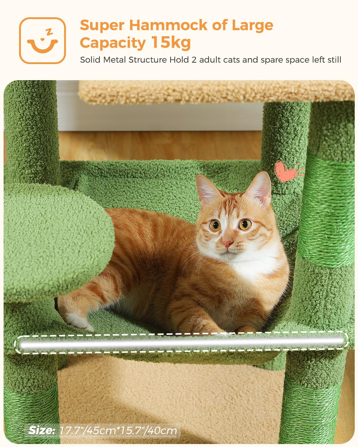 Muttros Cactus Cat Tree For Indoor Cats, 45.7' Multi-Level Cat Tower With Large Metal Frame Hammock, Cat Condo With 4 Scratching Posts And Top Perch For Small Medium Cat, Green