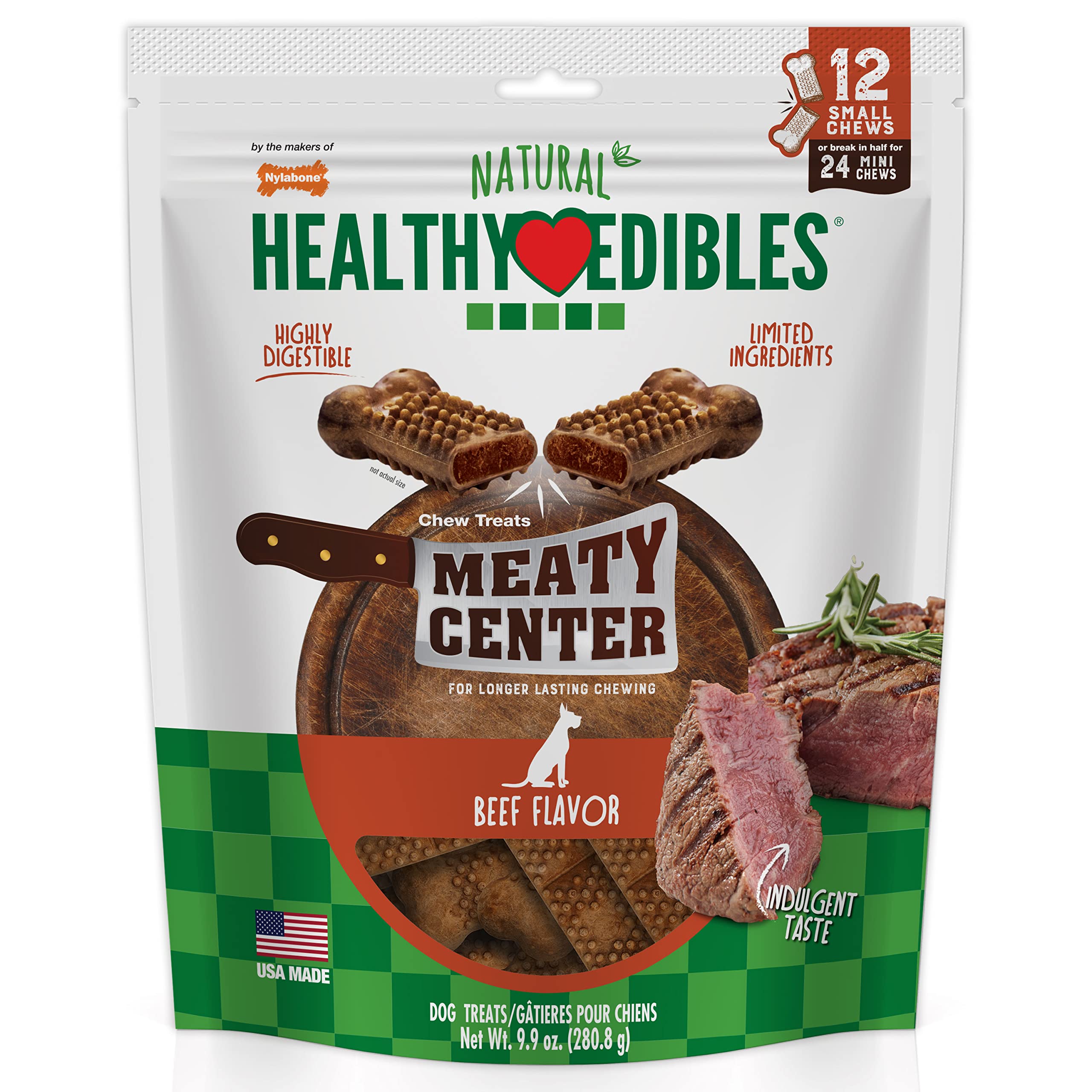 Nylabone Healthy Edibles Natural Dog Chews Long Lasting Meaty Center Beef Flavor Treats for Dogs, Small (12 Count)