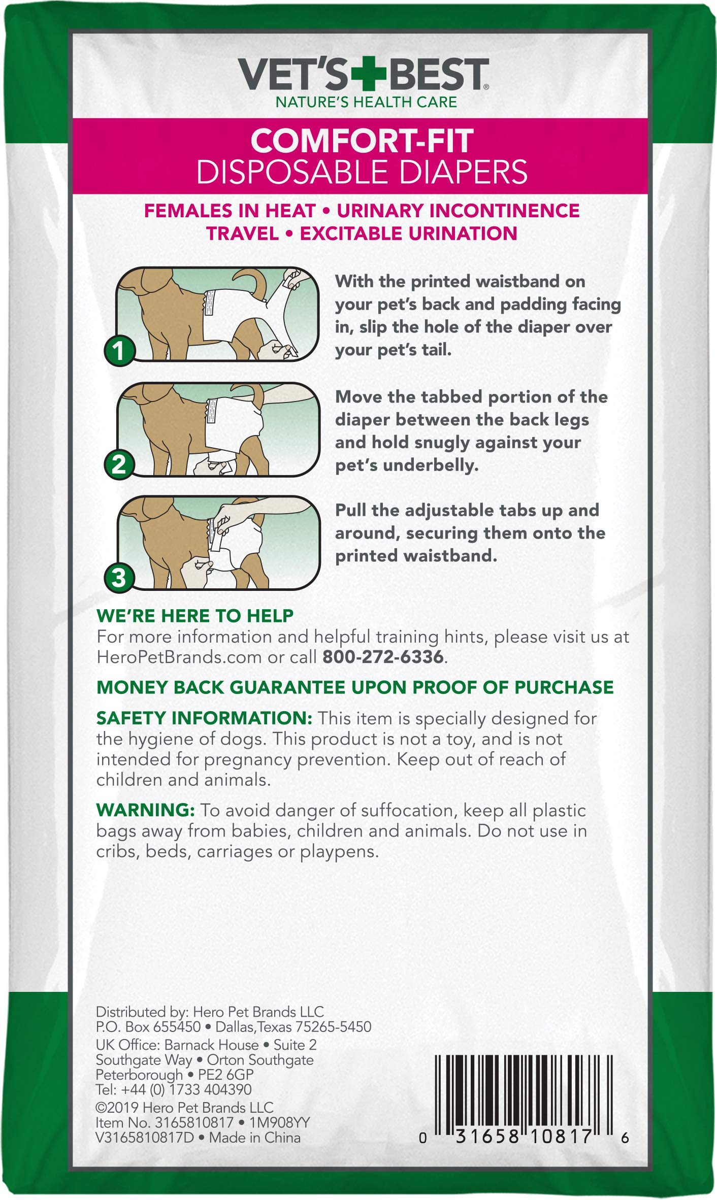 Vets Best Comfort Fit Dog Diapers - Disposable Female Dog Diapers - Absorbent with Leak Proof Fit - Medium, 30 Count