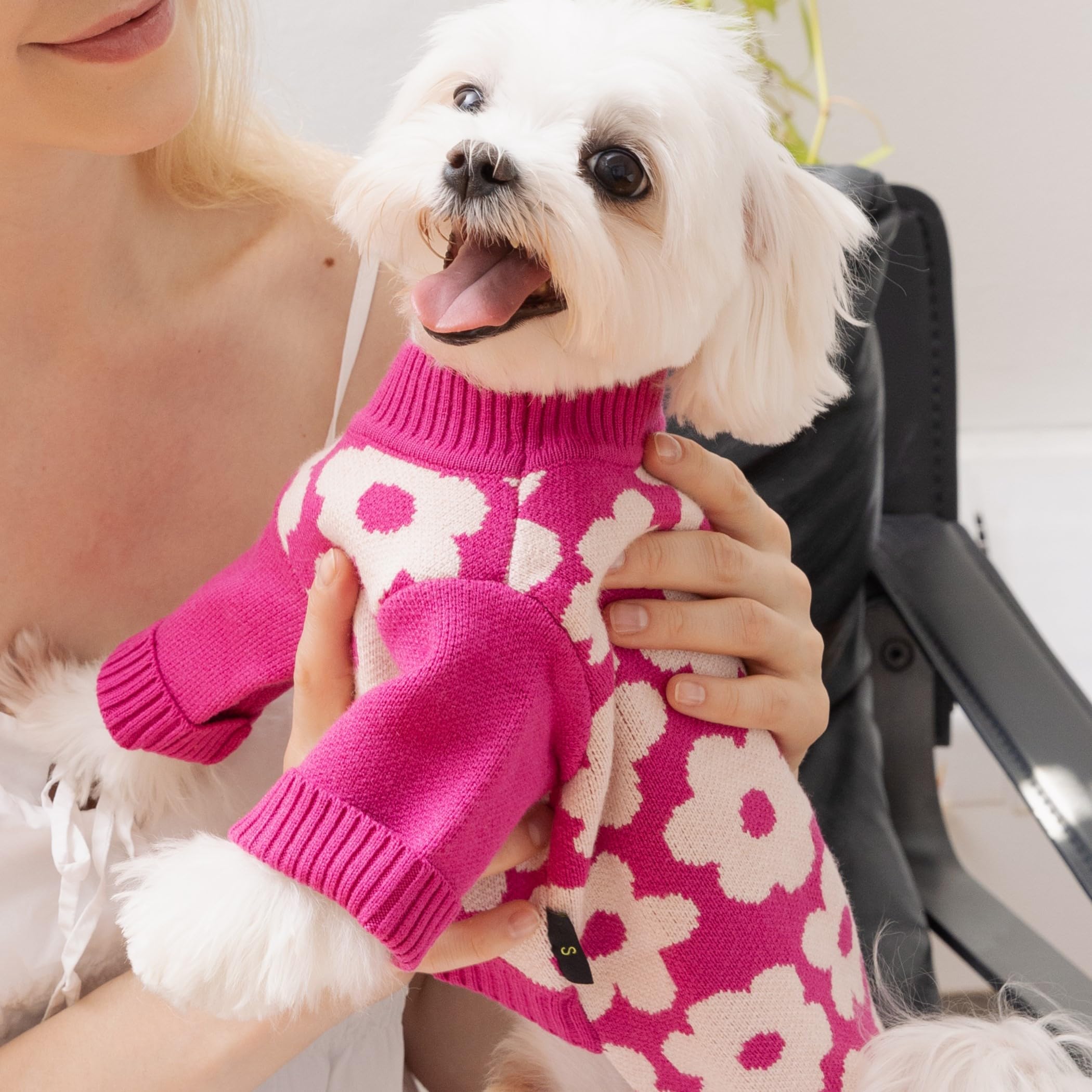 Fitwarm Floral Dog Sweater, Thermal Sweatshirt, Winter Clothes For Small Dogs Girl, Pullover Jumper, Pet Outfit, Hot Pink, White