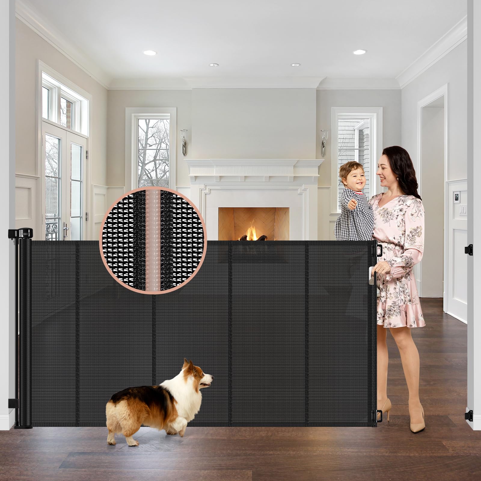 Reinforced 42 Tall x 75 Wide Retractable Baby Gate with Support Rods - Prevents Crawling Under Extra Tall Pet Gate Indoor Mesh G