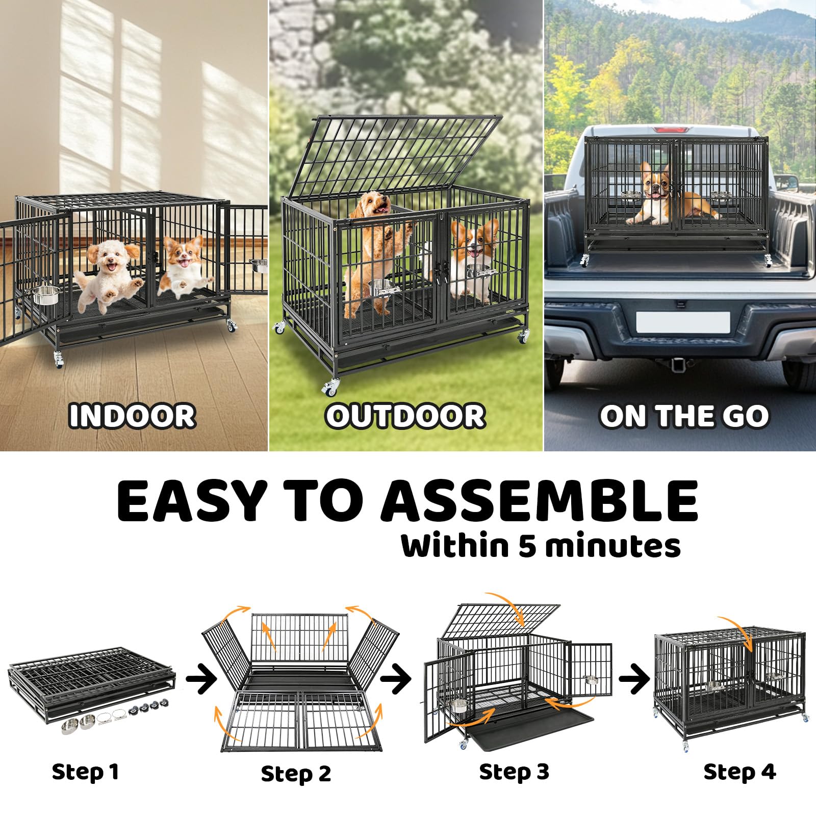 Homey Pet Heavy Duty Dog Crate, 43" Stackable Steel Kennel with Wheels, Black, Model DG-43T-9