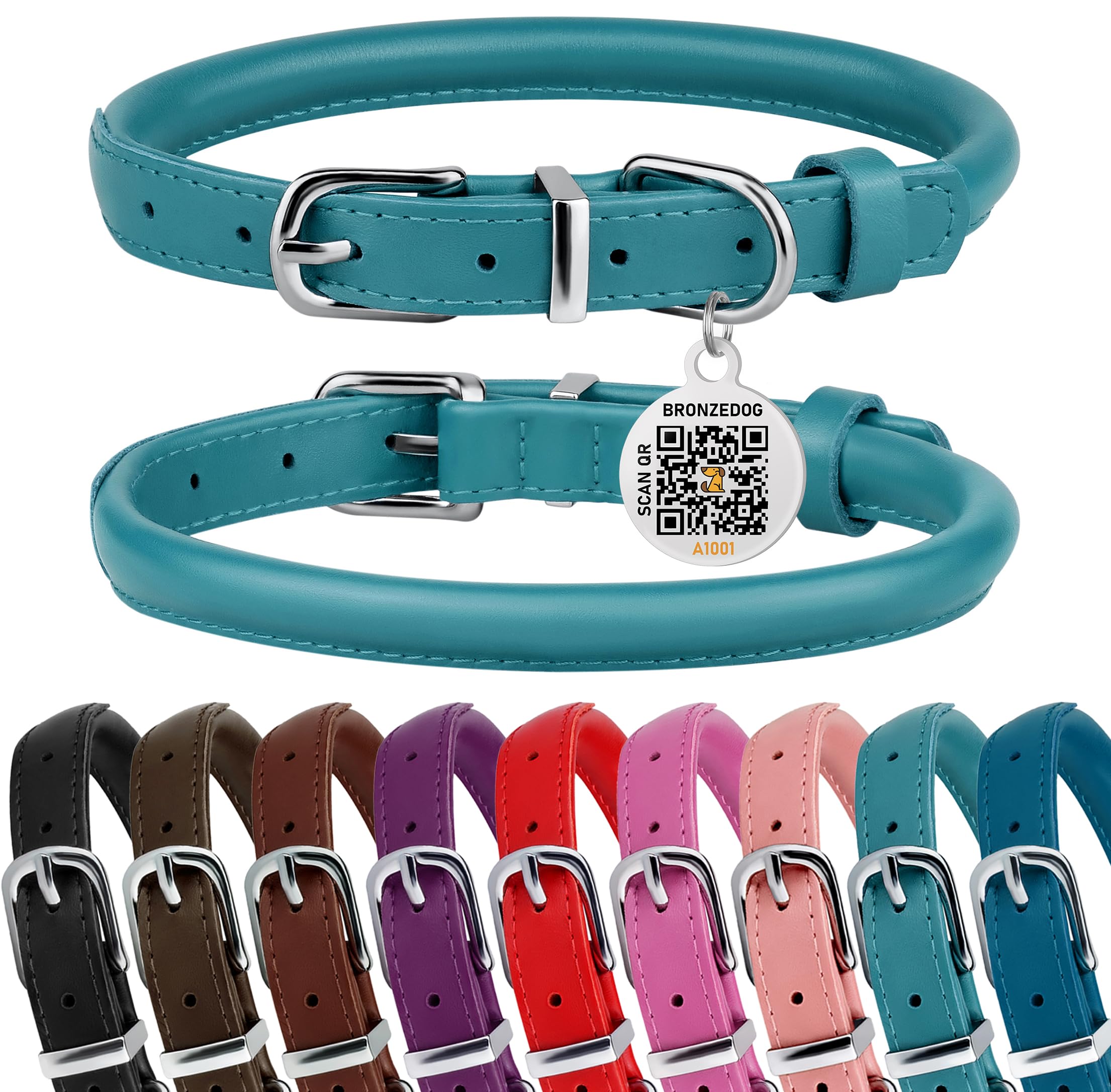 Bronzedog Rolled Leather Dog Collar For Small Medium Large Dogs With Qr Id Tag (Xs: 9-11 Inch, Teal)