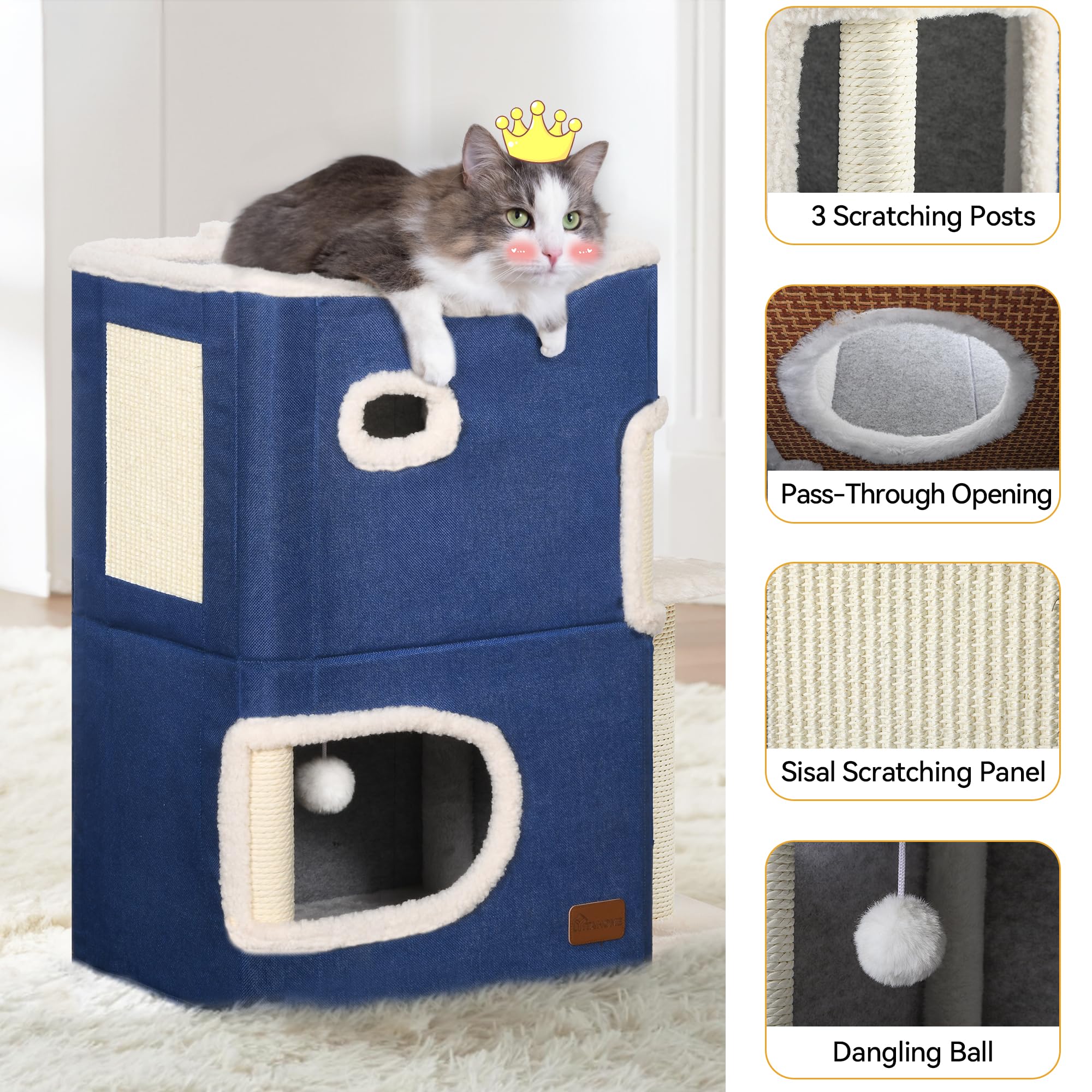 YITAHOME 2-Tier Cat House: Indoor Cat Cave Bed Playhouse, Covered Cat Beds & Furniture with Scratch Pad and Hideaway Cave, Cute