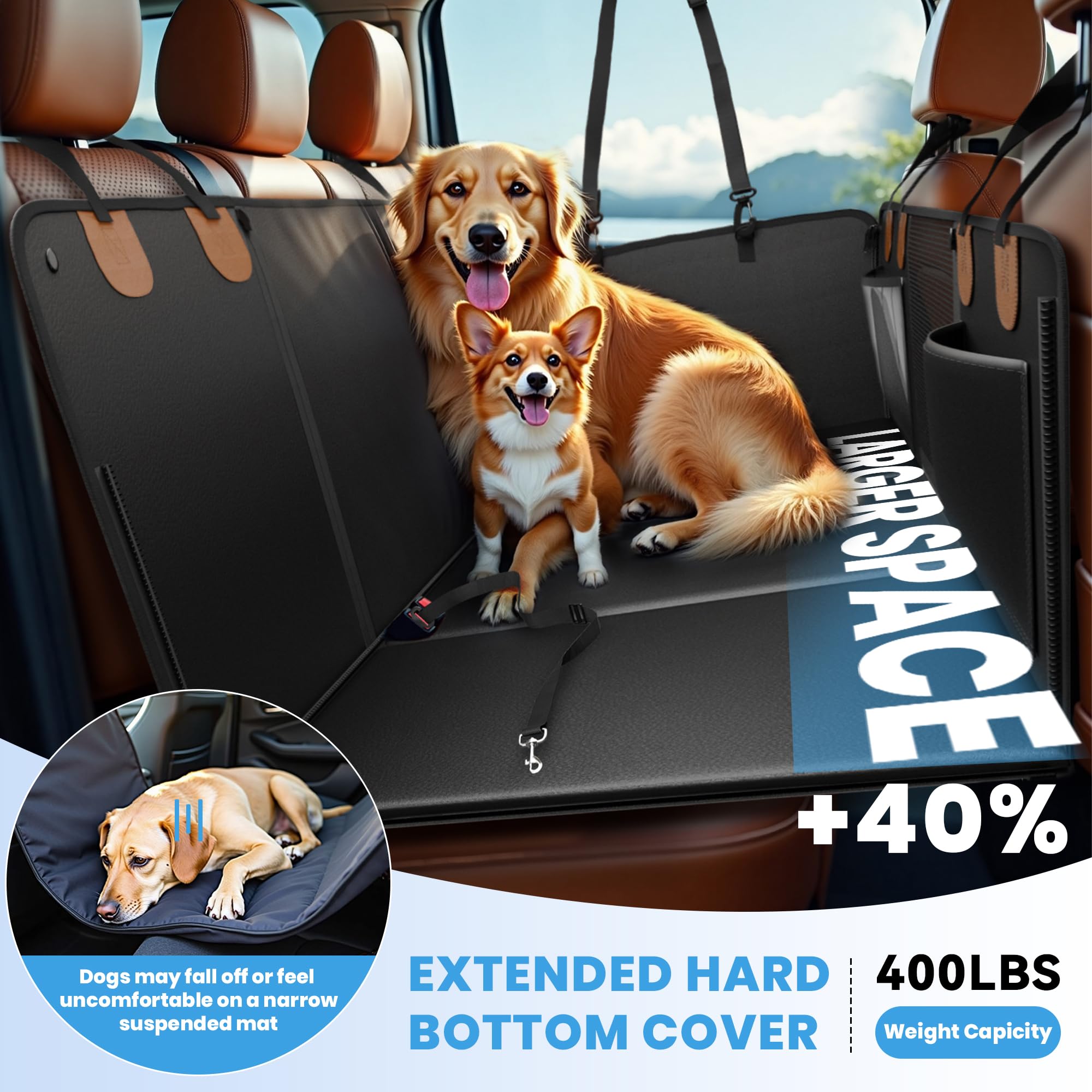 GAMKII Dog Car Seat Cover - Waterproof Backseat Extender, 24.5x50.7in, Faux Leather, Black, Model PET004, Holds 400lbs