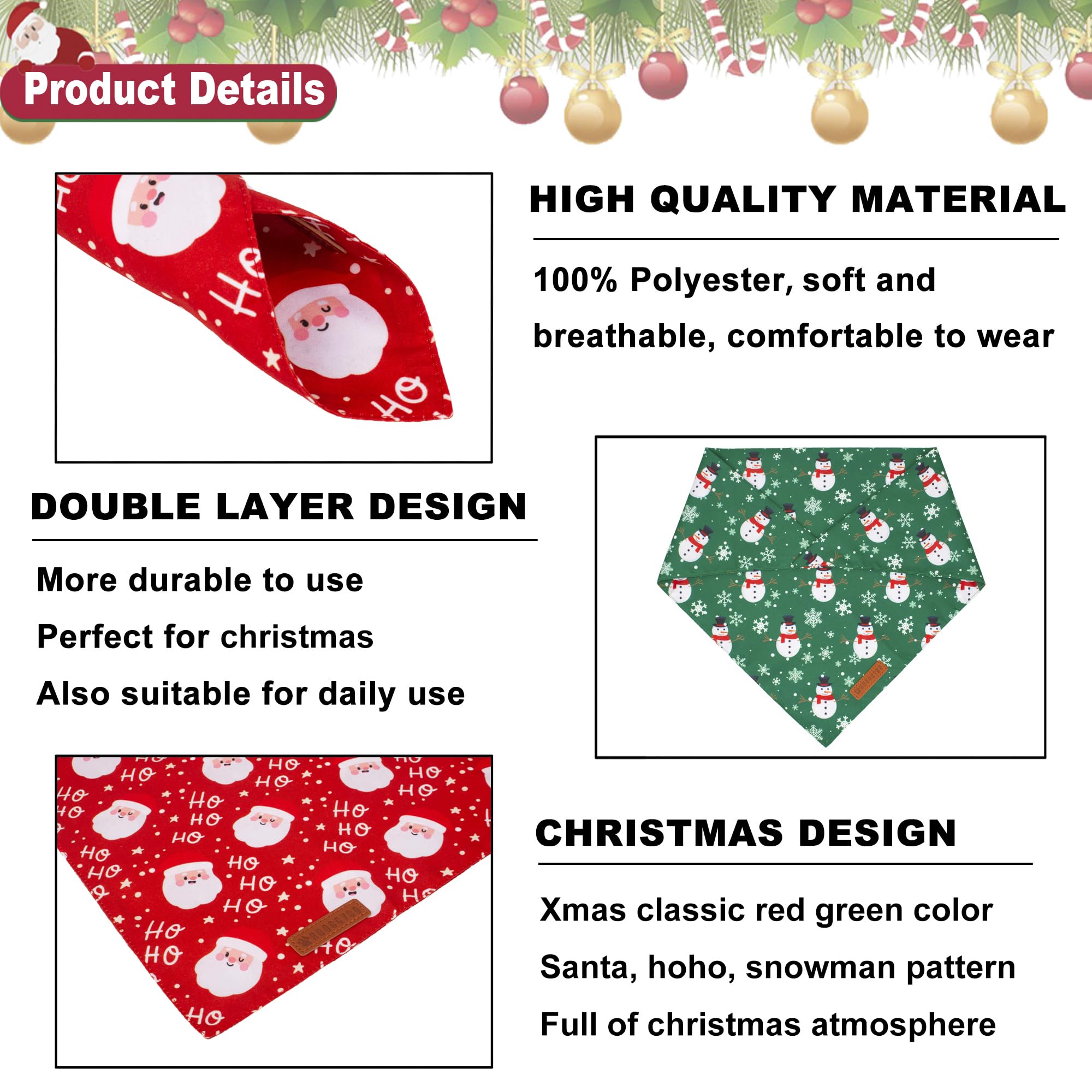 ADOGGYGO Christmas Dog Bandanas, Snowman Santa Xmas Pet Scarf, Multi Size Offered, Red Green Christmas Bandana for Medium Large