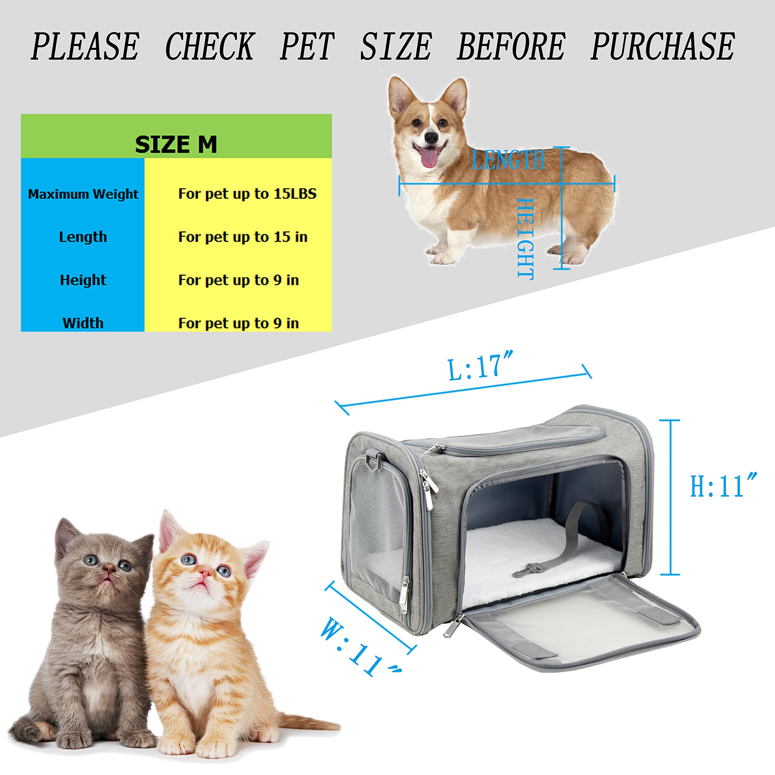 NextFri Soft Sided Carrier for Small Medium Pets, TSA Approved, Collapsible, Grey, Model NextFri05