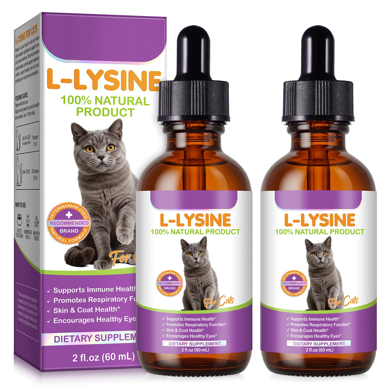 Cat L-Lysine Supplement for Immune & Respiratory Support 60ml, Support for Sneezing, Runny Nose & Eye Function, L-lysine Drops R
