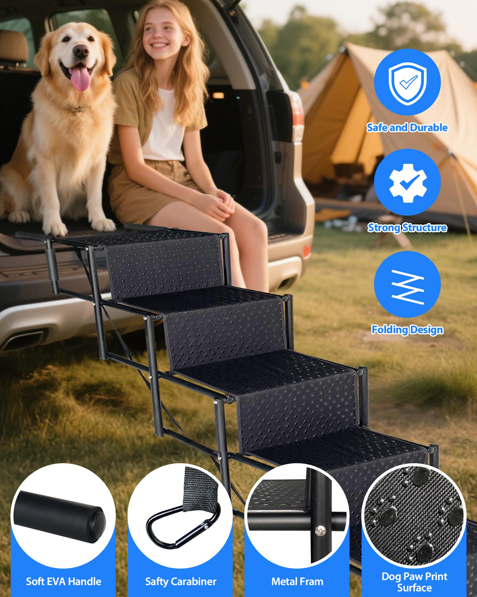 NRYDEPET 5-Step Foldable Dog Stairs, Lightweight Metal, Non-Slip, Supports Dogs up to 100 lbs, Black, for Car, SUV & Truck