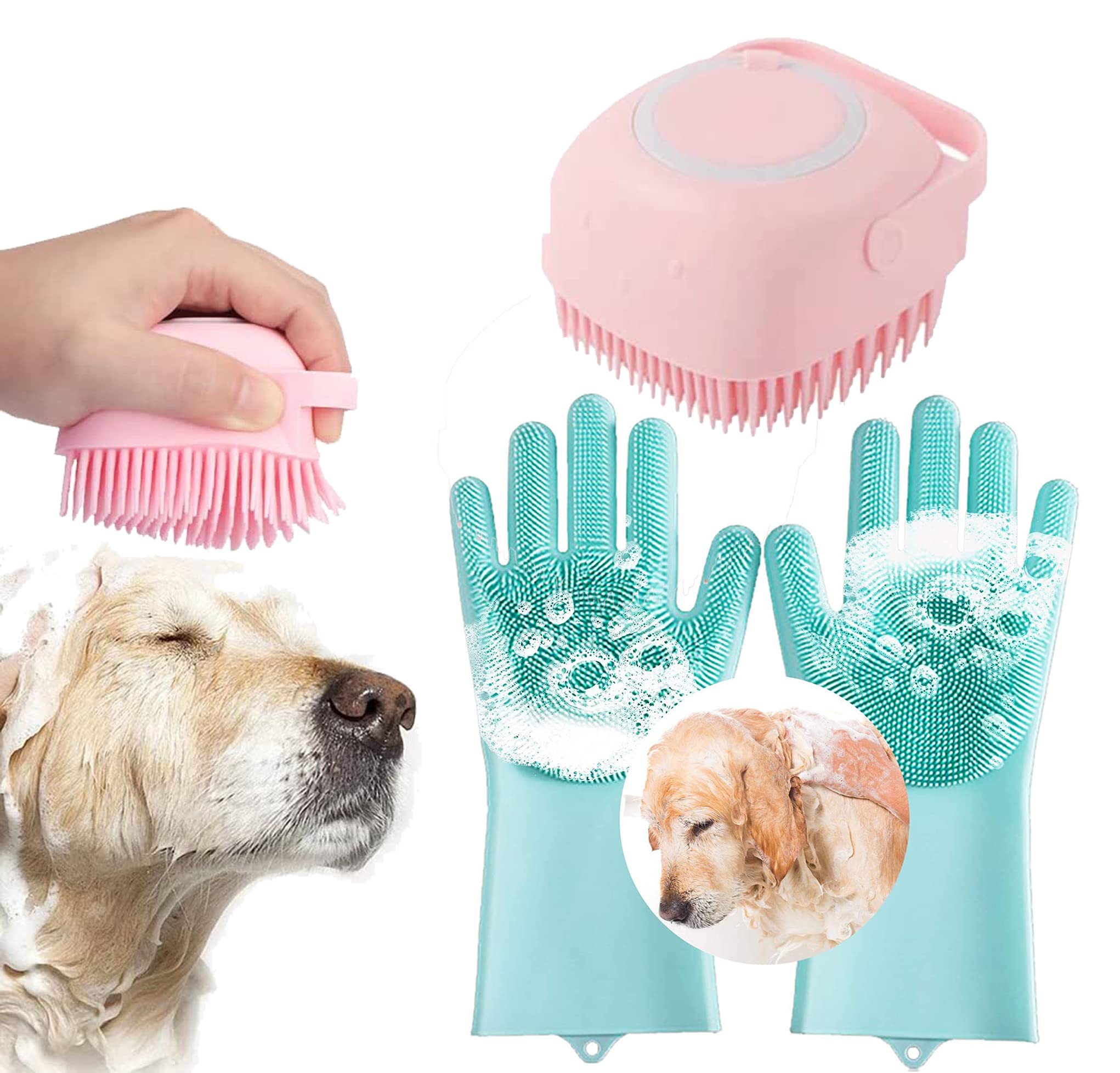 Combo Of Silicone Dog Bathing Hand Gloves (Pair) & Pet Dog Bath Brush Soft Silicone Shampoo Massage Brush, Hair Fur Grooming Cle
