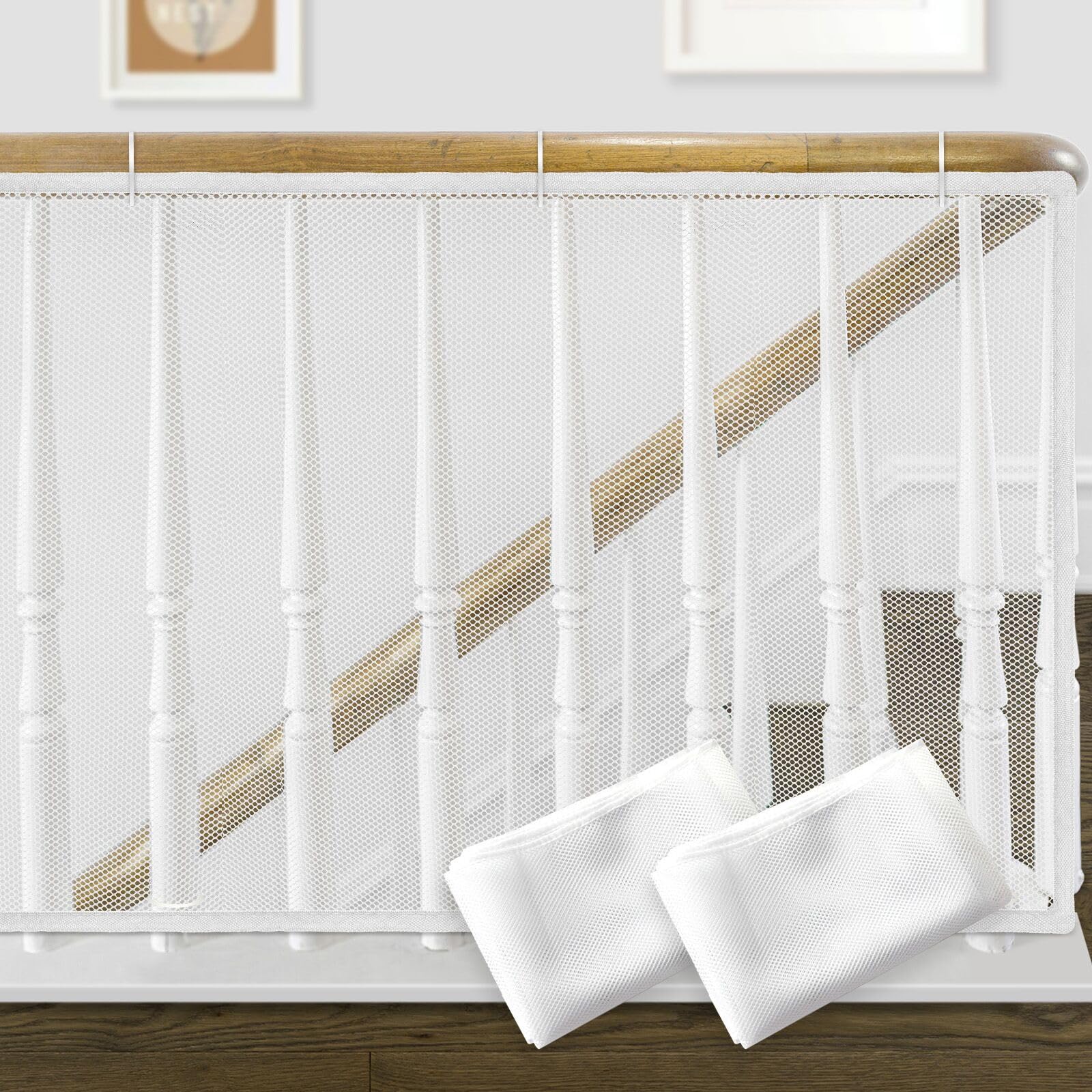 2 Pack Banister Guard for Baby 10ft x 2.6ft Child Safety Net Balcony Stair Railing Proof Mesh for Kids, Toys, Pets, White