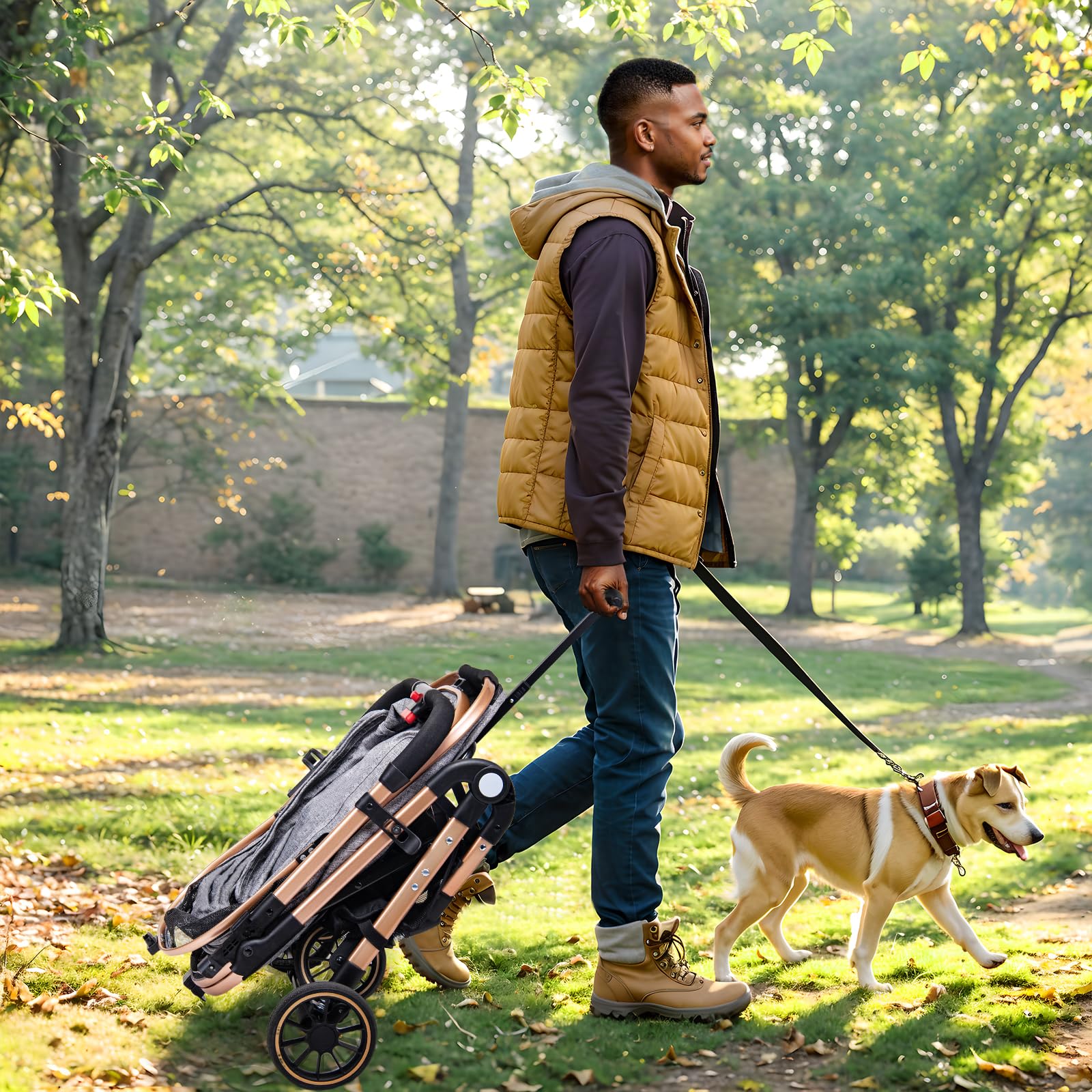 LENSEMUS 3-in-1 Dog Stroller with Detachable Basket, All-Terrain Wheels, for Medium Dogs & Small Cats, Grey, Max 33 lbs