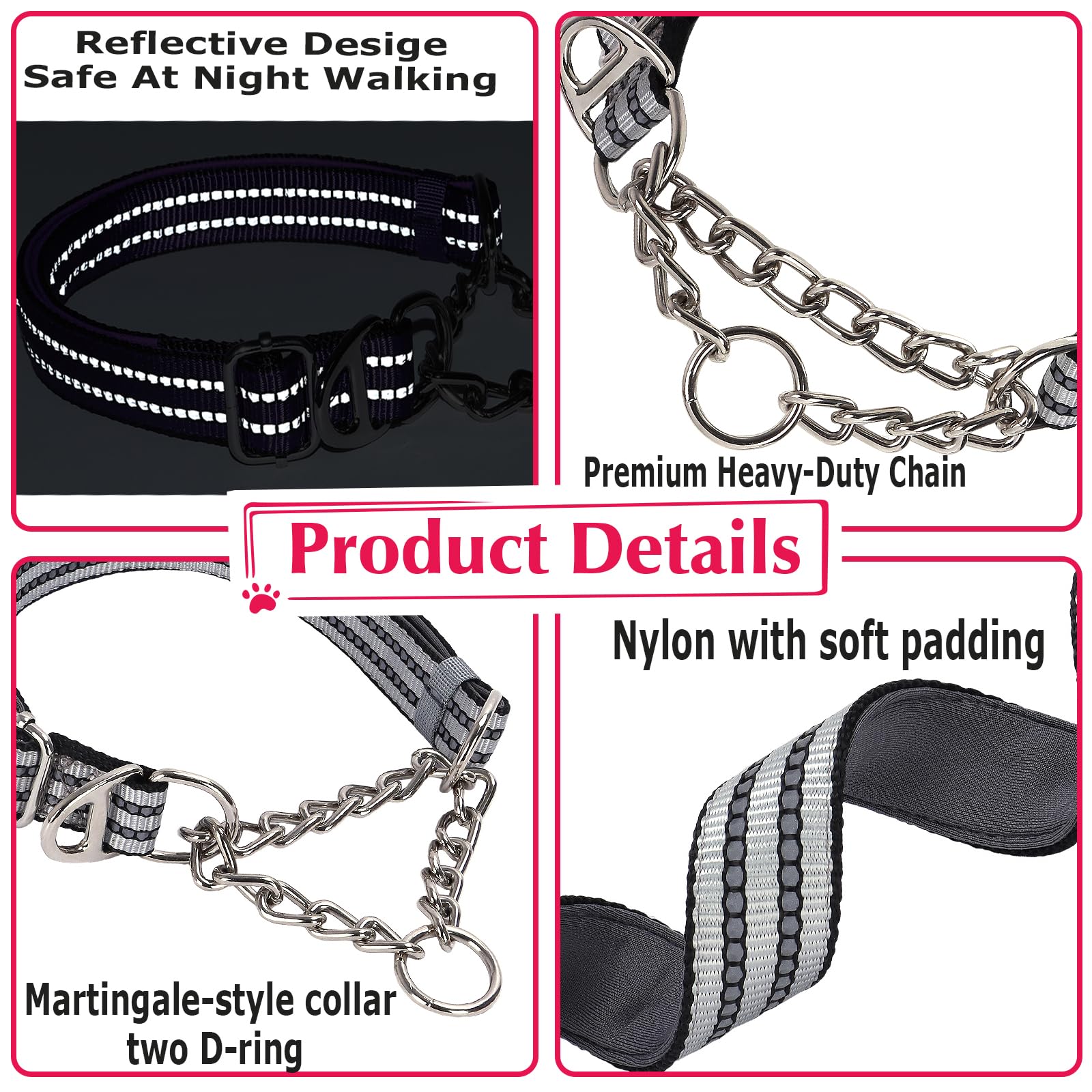 Martingale Collar With Steel Chain,Reflective Nylon Dog Collar With Soft Padded Adjustable Training No Slip Dog Collars (Xl Silv