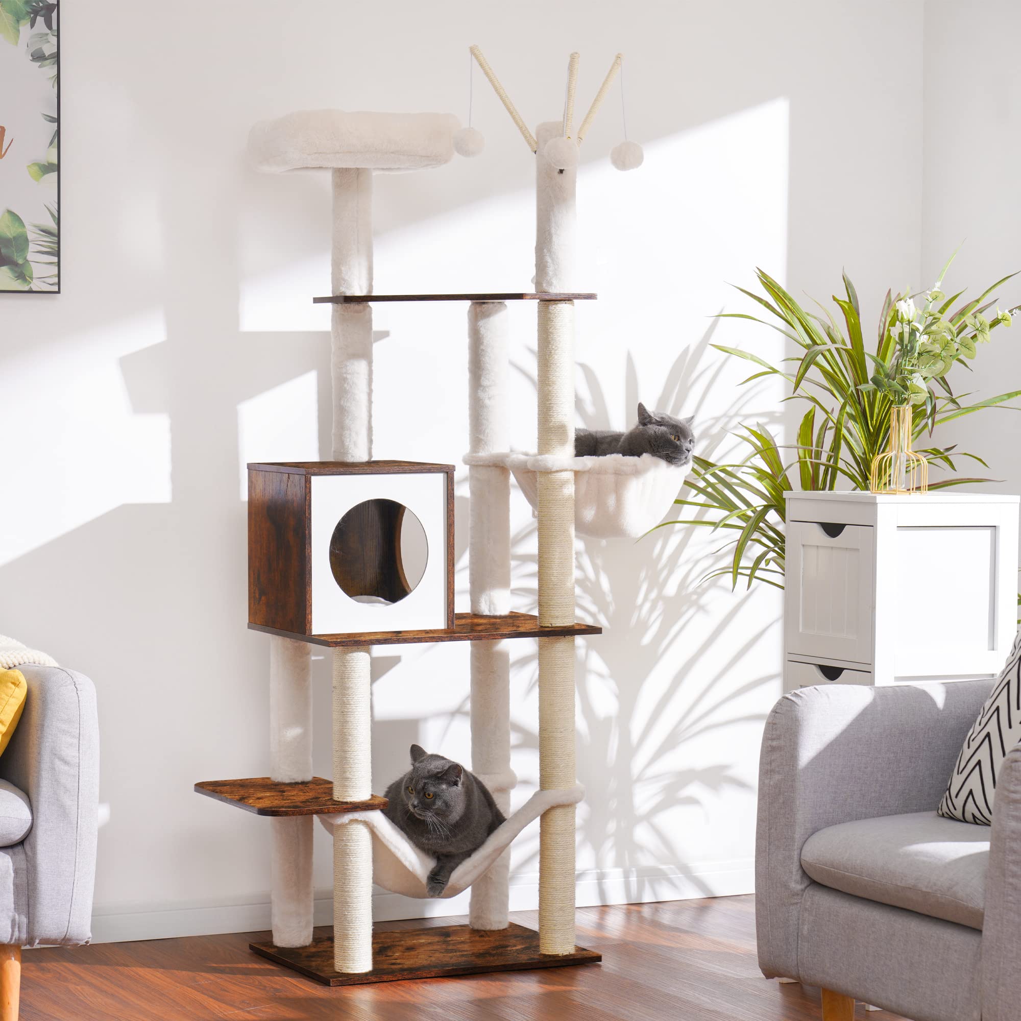 Hey-Brother Wooden Cat Tree, 66.1 Cat Furniture With Scratching Posts, Modern Cat Tower With Hammocks, Toys, Cat Condo, Rustic B