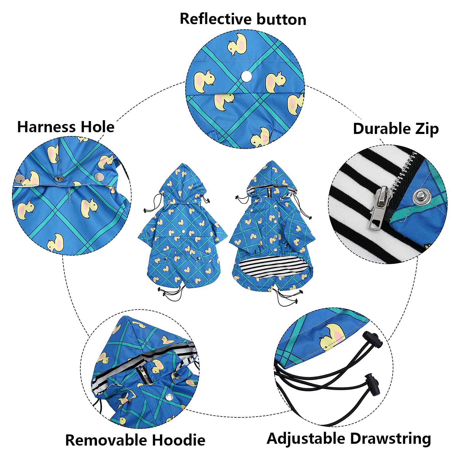 Dog Zip Up Raincoat With Reflective Buttons, Rain/Water Resistant, Adjustable Drawstring, Removable Hood, Raincoats With Legs 8L