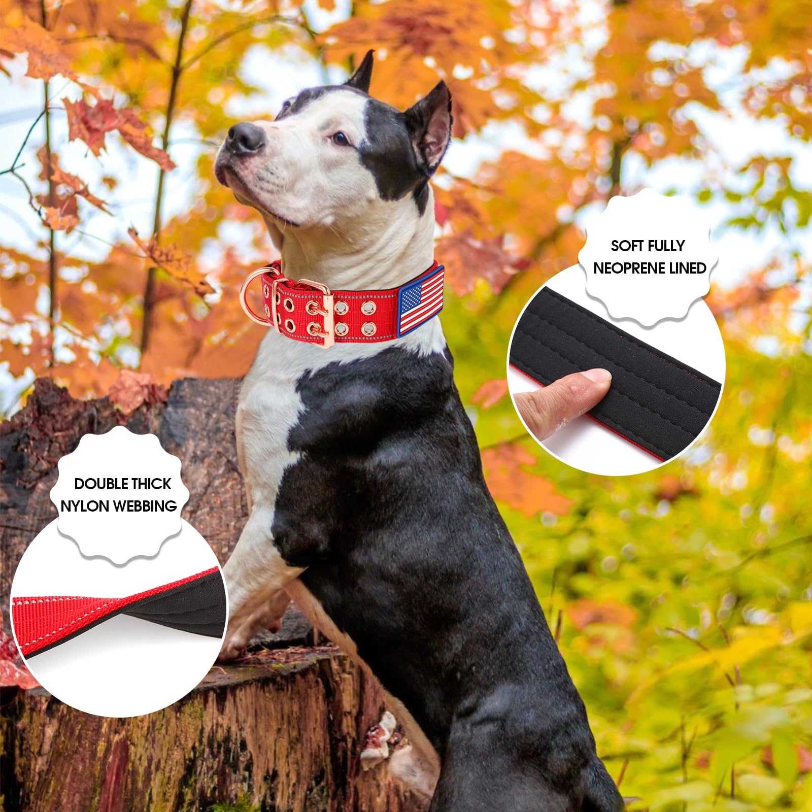 Yunleparks Heavy Duty Tactical Dog Collar With Neoprene Padded And Metal Buckle, Reflective Nylon For Medium To Large Dogs(Red,