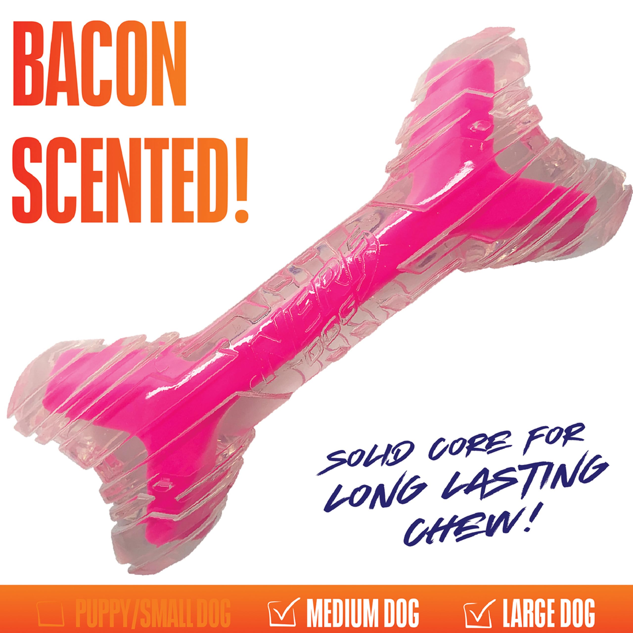 Nerf Dog 9in TPR/PP Scented Bacon SuperScent Bone Solid Core -Clear/Pink, (NF-7132)