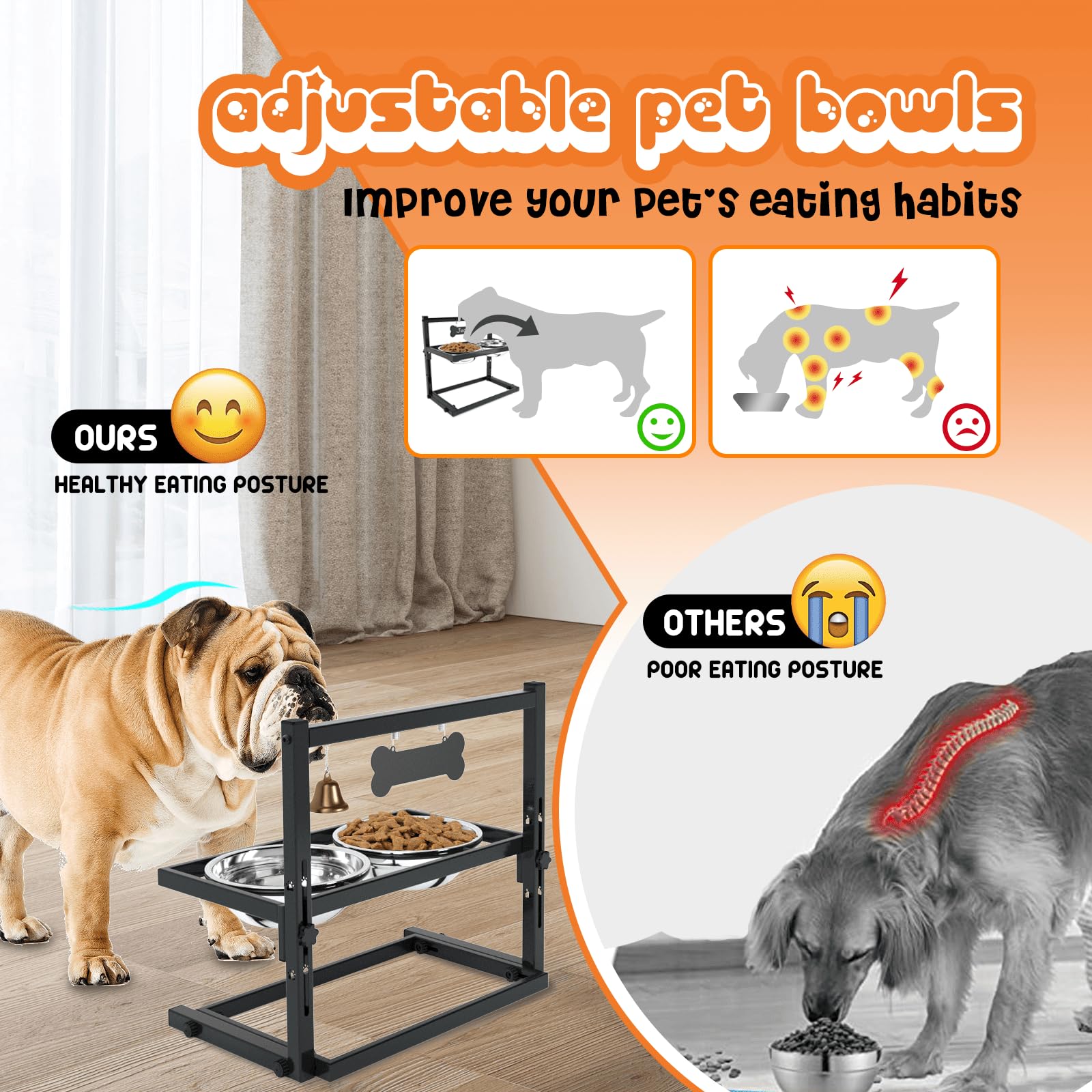 SHAINFUN Elevated Dog Bowls for Medium Dogs and Cats - Raised Cat or Dog Bowl Stand with Adjustable Height and Two Stainless Ste