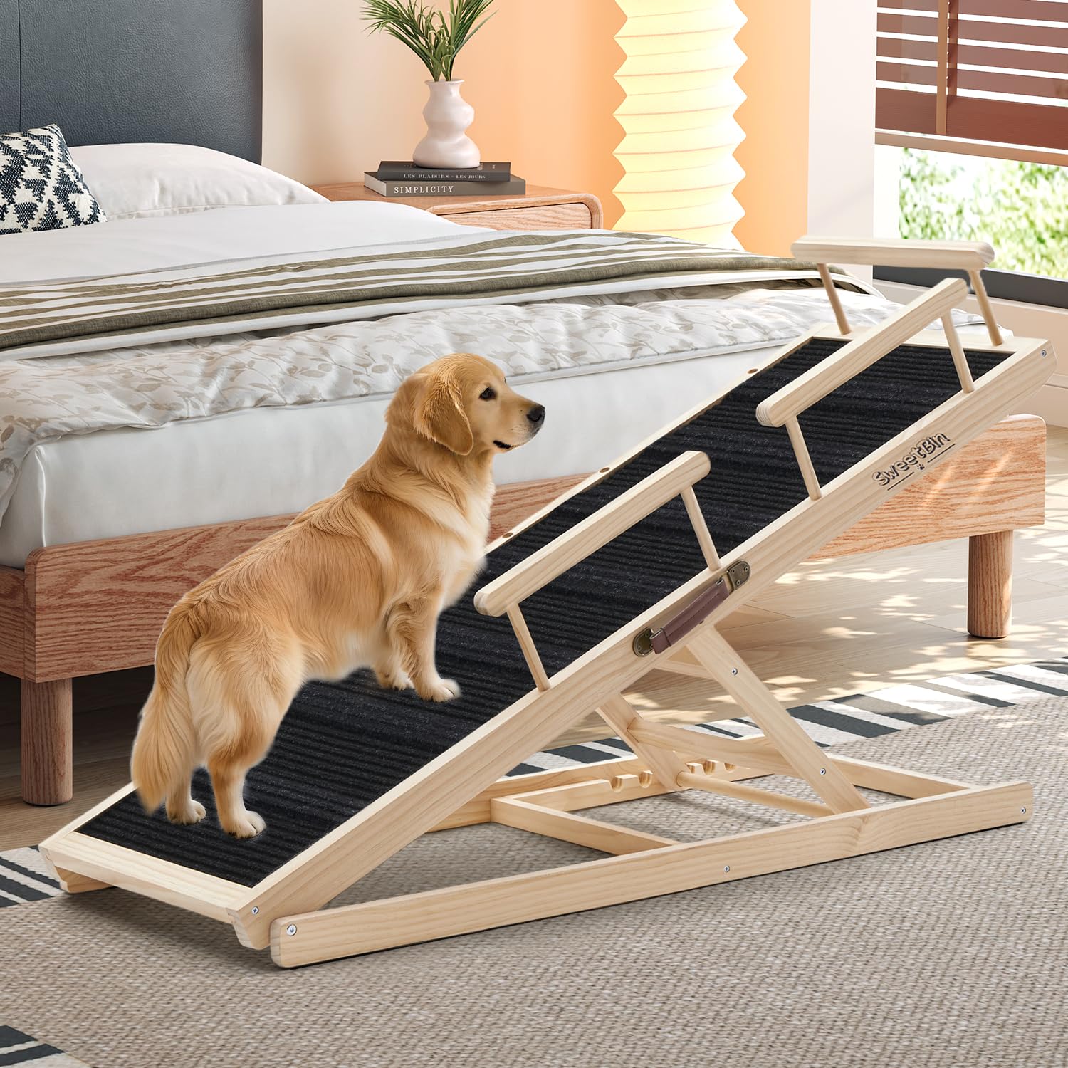 Dog Ramp for Bed - 52.9 Long Adjustable 12 to 28 Wooden Pet Ramp for Small Large Older Dogs - Dog Ramps for High Beds Couch Car 