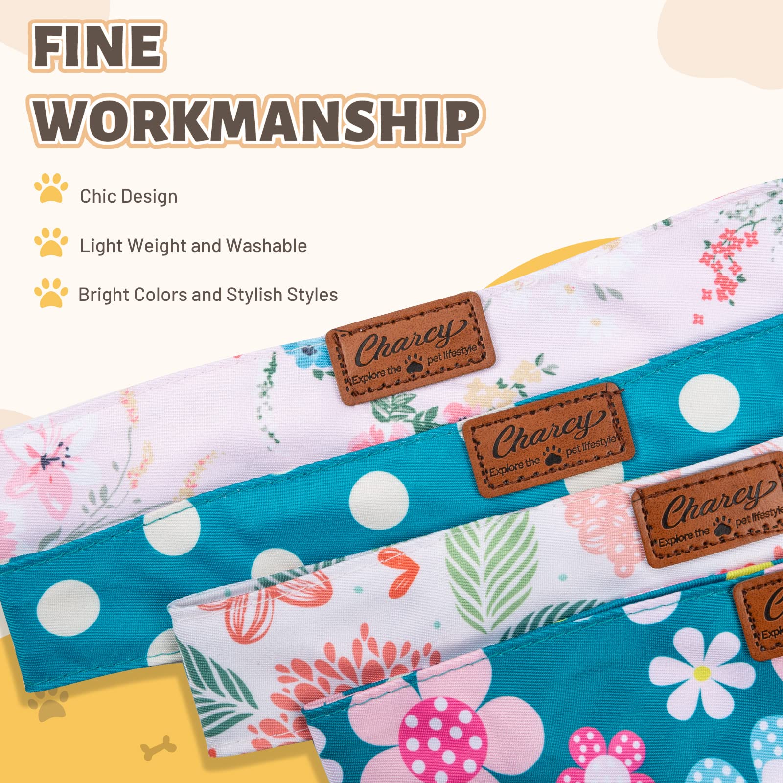 Charcy Dog Bandanas 4 Pack - Fall Bandanas For Boy & Girl, Adjustable Dog Scarf, Durable, Unique Design - Colorful Flower Large