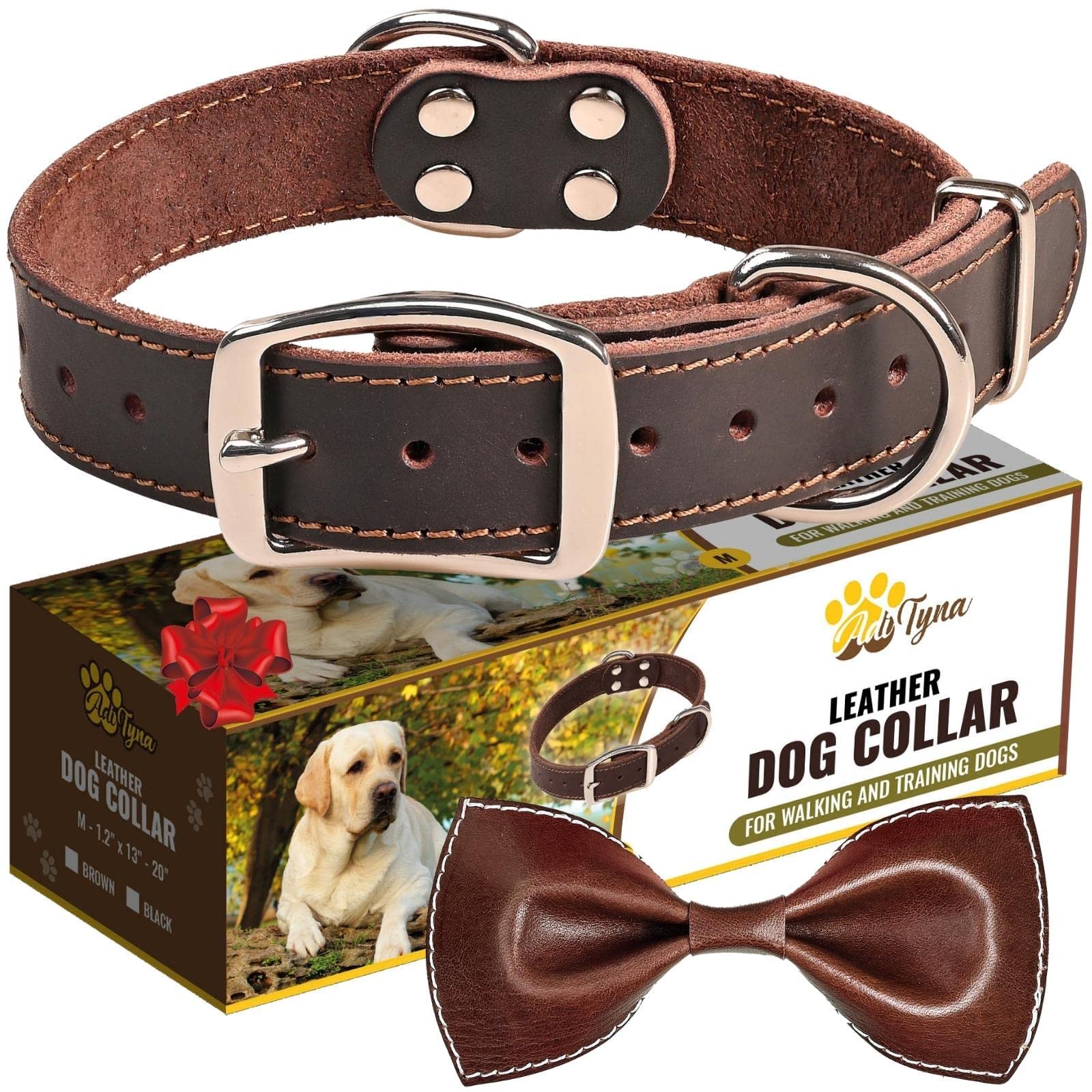 Adityna Heavy Duty Leather Dog Collar For Medium Dogs - Medium Dog Collar Gift Ideea For Dog Lovers - Soft And Strong,100% Genuine Leather (Medium, Brown)