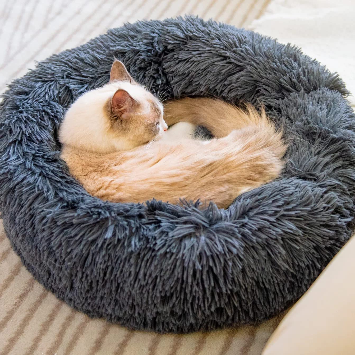 Kitty City Cat Beds - Washable 20/24 Inch, Anti-Anxiety Round Faux Fur, Thick Bottom (Dark Grey, Medium) For Indoor Cats & Small Dogs