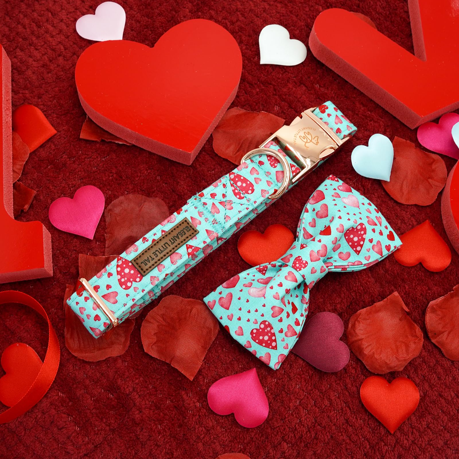Elegant little tail Valentine's Dog Collar, Cute Pink Heart Dog Collar with Bow Soft Dog Collar Female or Male Adjustable Cotton