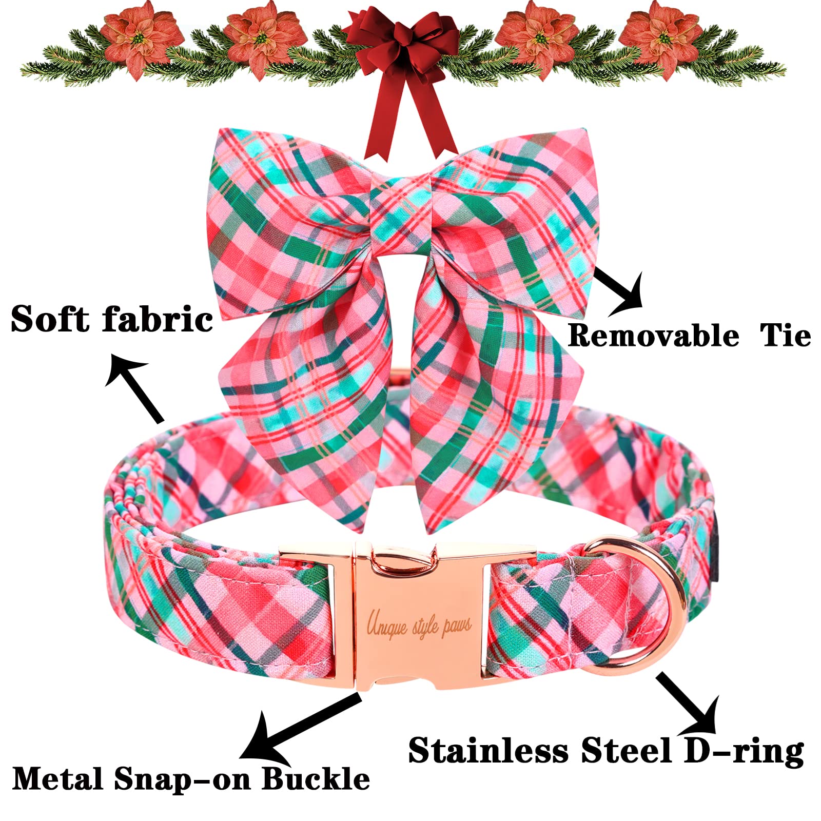 Unique Style Paws Dog Collar With Tie Pink & Green Plaid Dog Collar Best Gifts For Small Medium Large Dogs -M