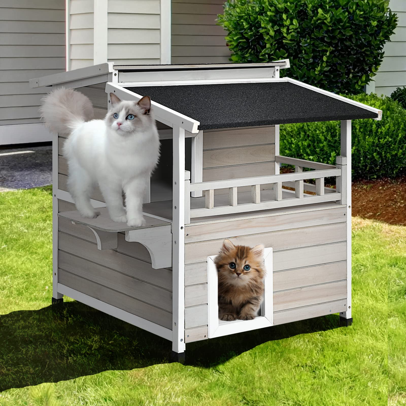 Petsite 2-Story Outdoor Cat House Weatherproof, Wooden Cat Shelter For Multiple Feral Cats