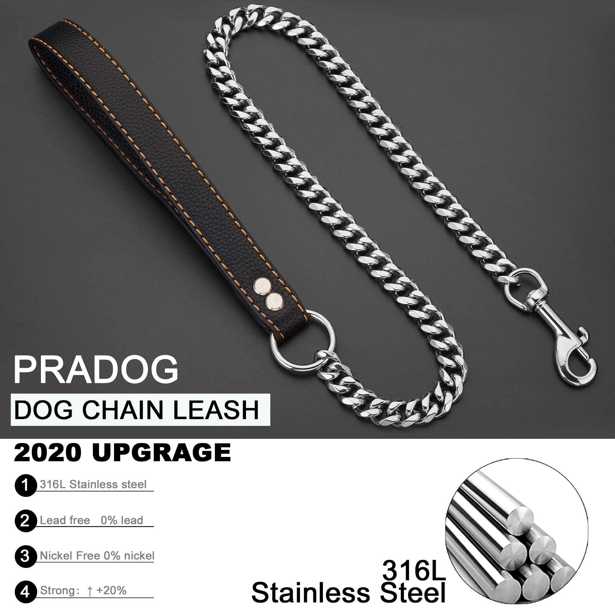 PRADOG Chain Dog Leash Metal Chew Proof 15MM Heavy Duty Pet Leash Chain with Leather Padded Handle for Large Medium Small Dogs(T