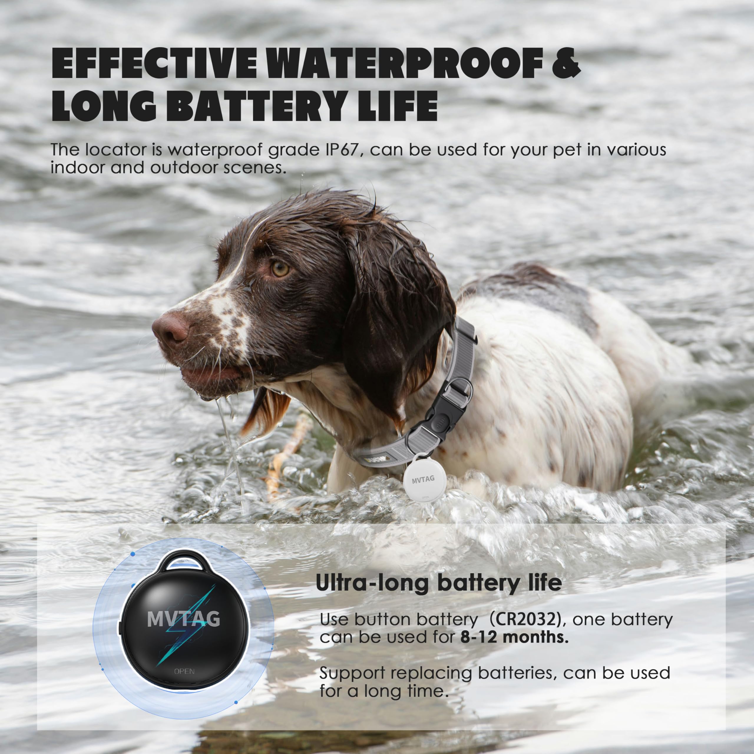Aoikoy Dog Tracker GPS Collar - Reflective, Waterproof, Real-Time Tracking for Small to Large Dogs, Black, 30-39CM, No Monthly Fee