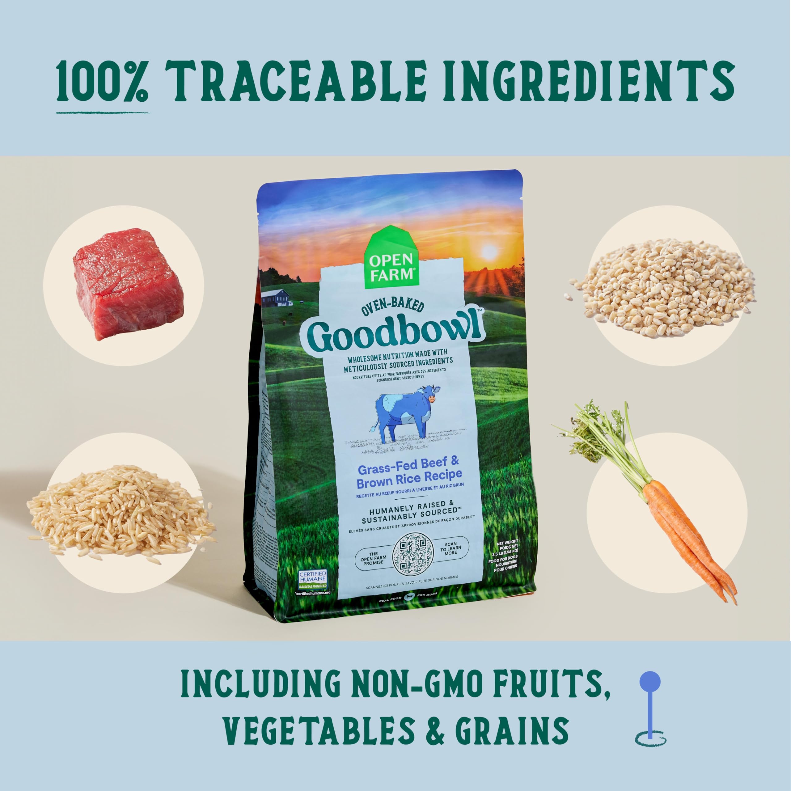 Open Farm Goodbowl, Oven-Baked Small Batch Dry Dog Food - Grass-Fed Beef & Brown Rice Recipe, Includes Non-GMO Produce & Grains,