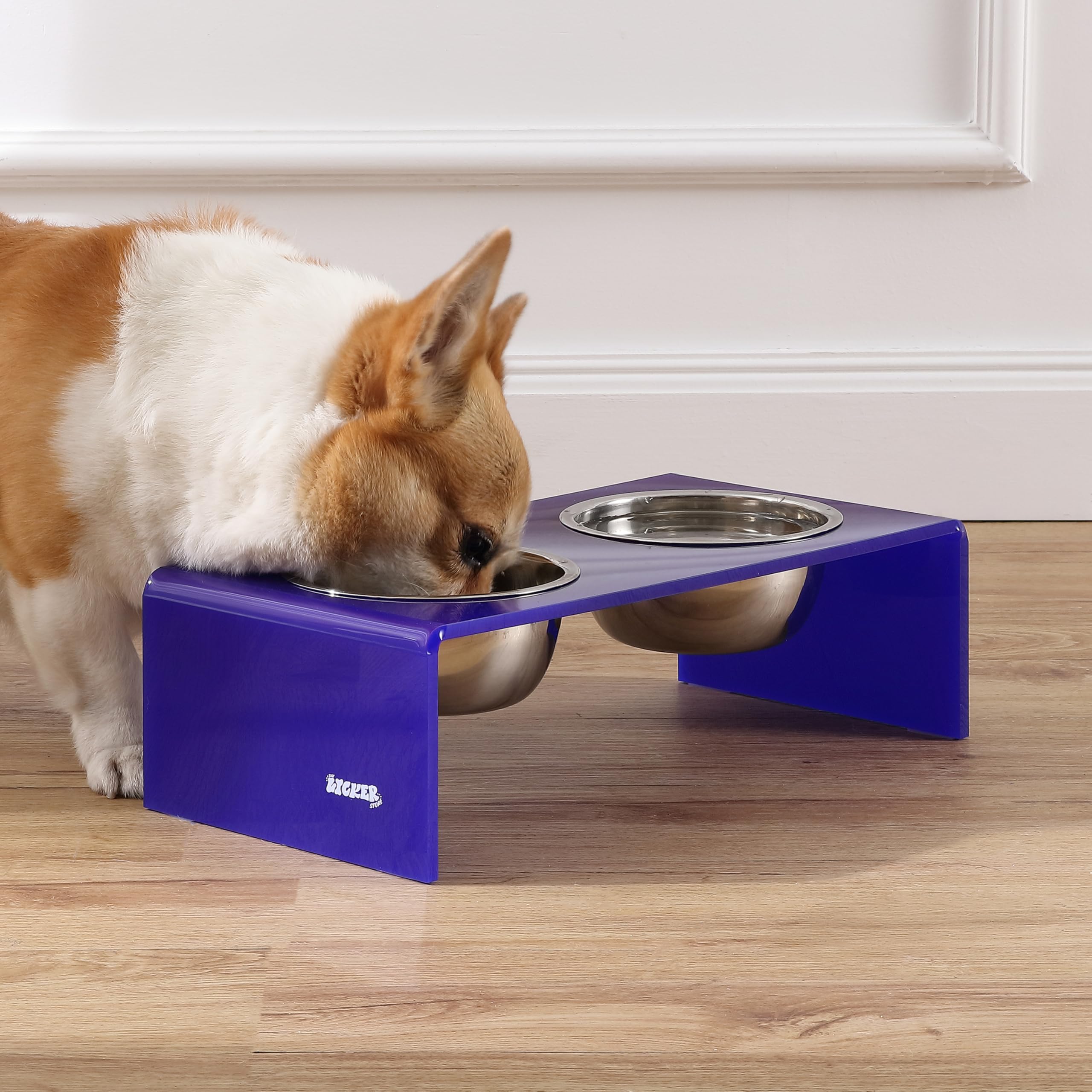 The LICKER Store DBL2000F Keaton 5 Small/Medium Modern Acrylic Rectangular Elevated Pet Feeder with 20oz 2-Stainless Steel Bowls